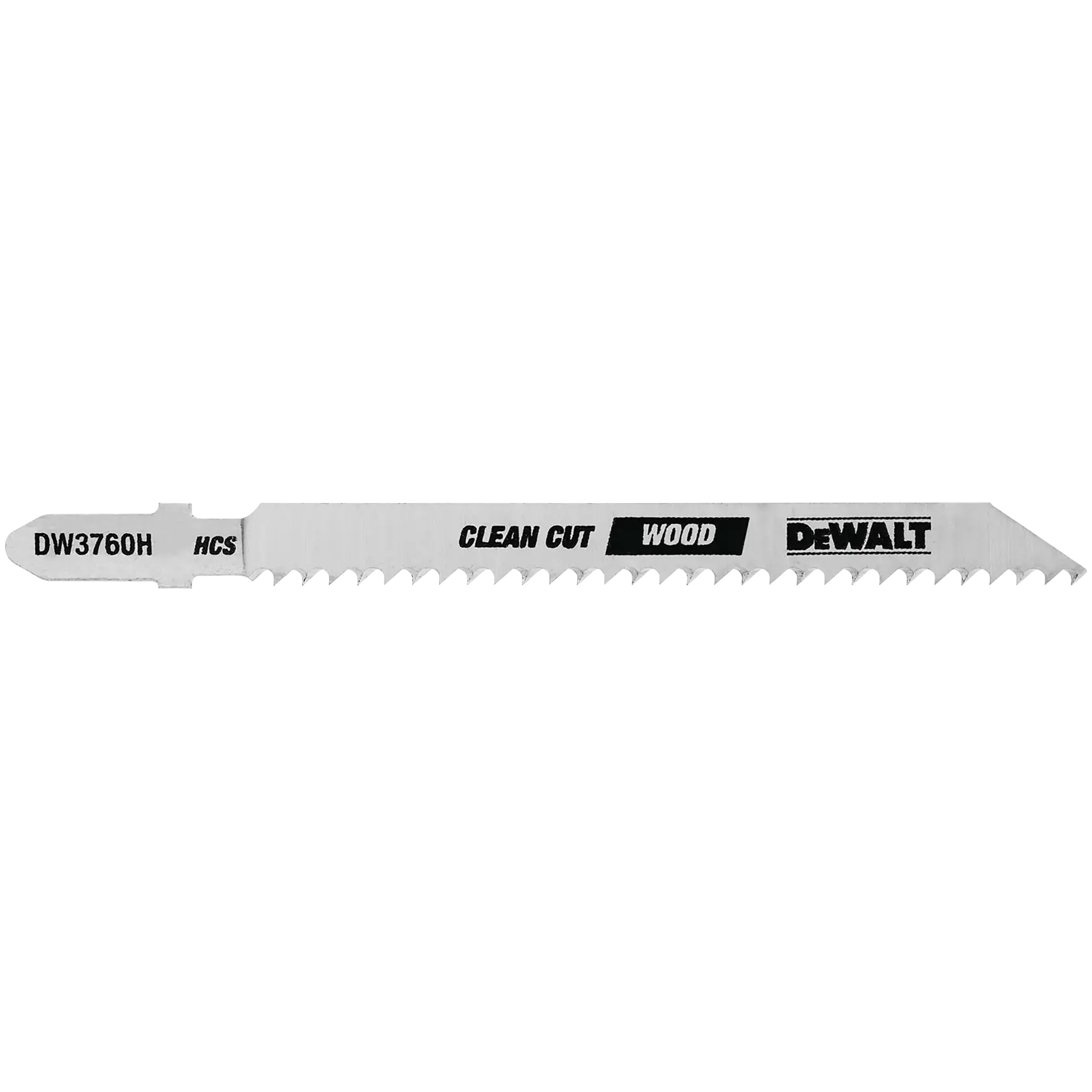 A DEWALT DW3760H clean cut wood jigsaw blade with sharp teeth for precise cutting, featuring DEWALT branding and product details printed on the blade.