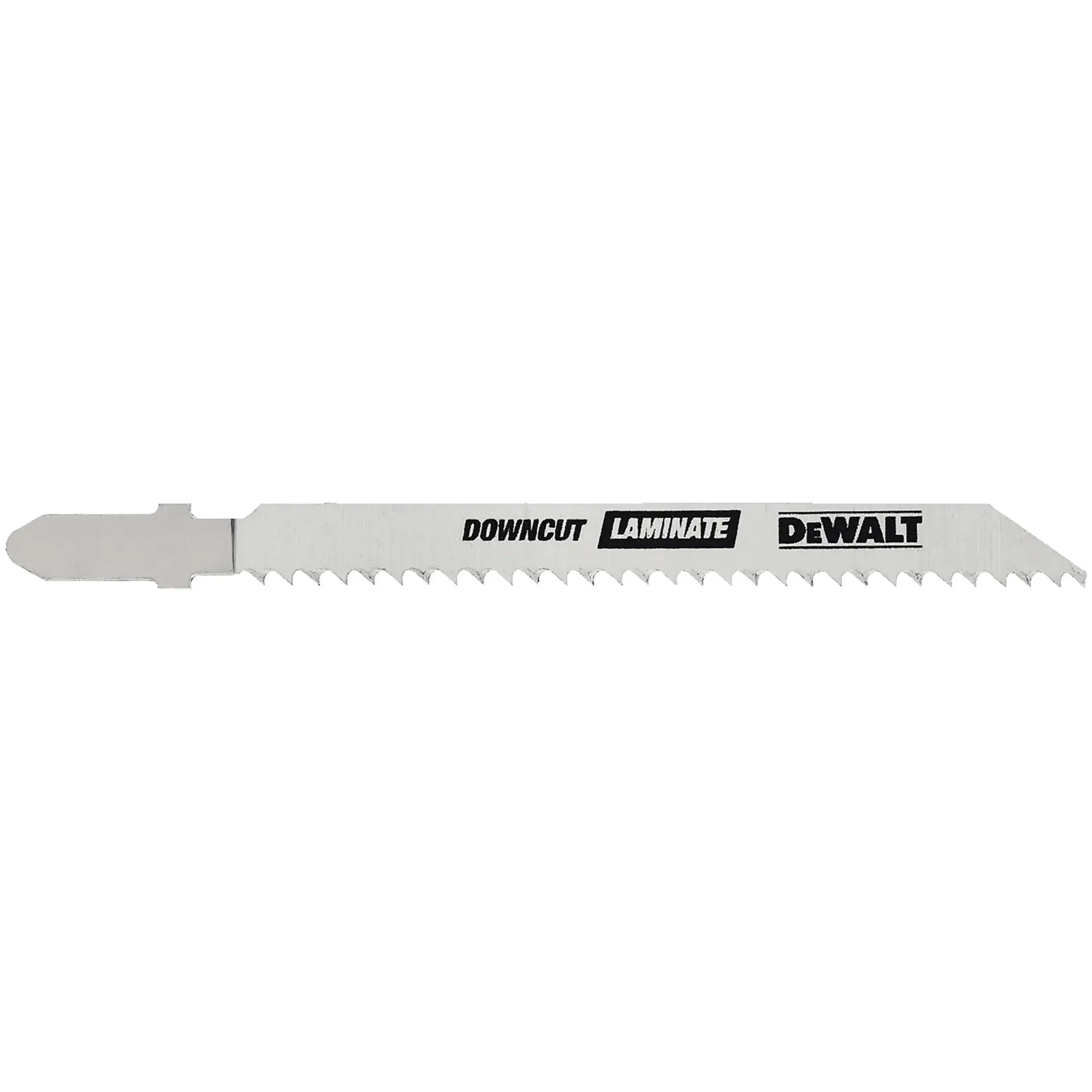 A DEWALT downcut laminate jigsaw blade with sharp teeth and metal construction, labeled 'DOWNCUT LAMINATE DEWALT.'