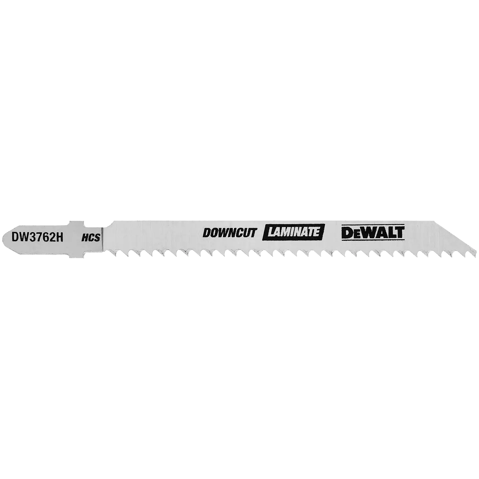 A DEWALT DW3762H jigsaw blade designed for cutting laminate, featuring downcut teeth and labeled with the words 'DOWNCUT', 'LAMINATE', and 'DEWALT'.
