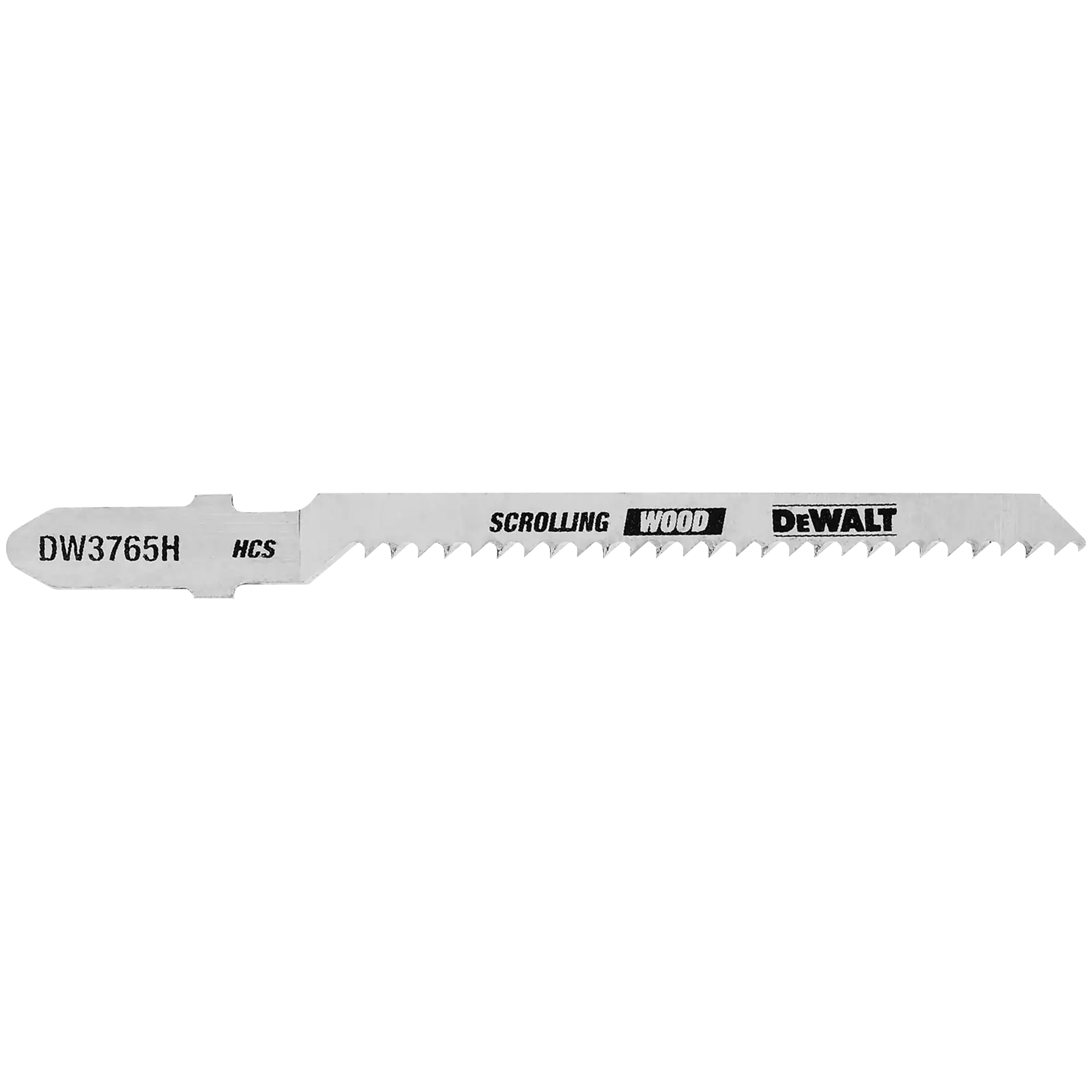 A DEWALT DW3765H scrolling wood jigsaw blade, made of high carbon steel, designed for precise cutting in wood.