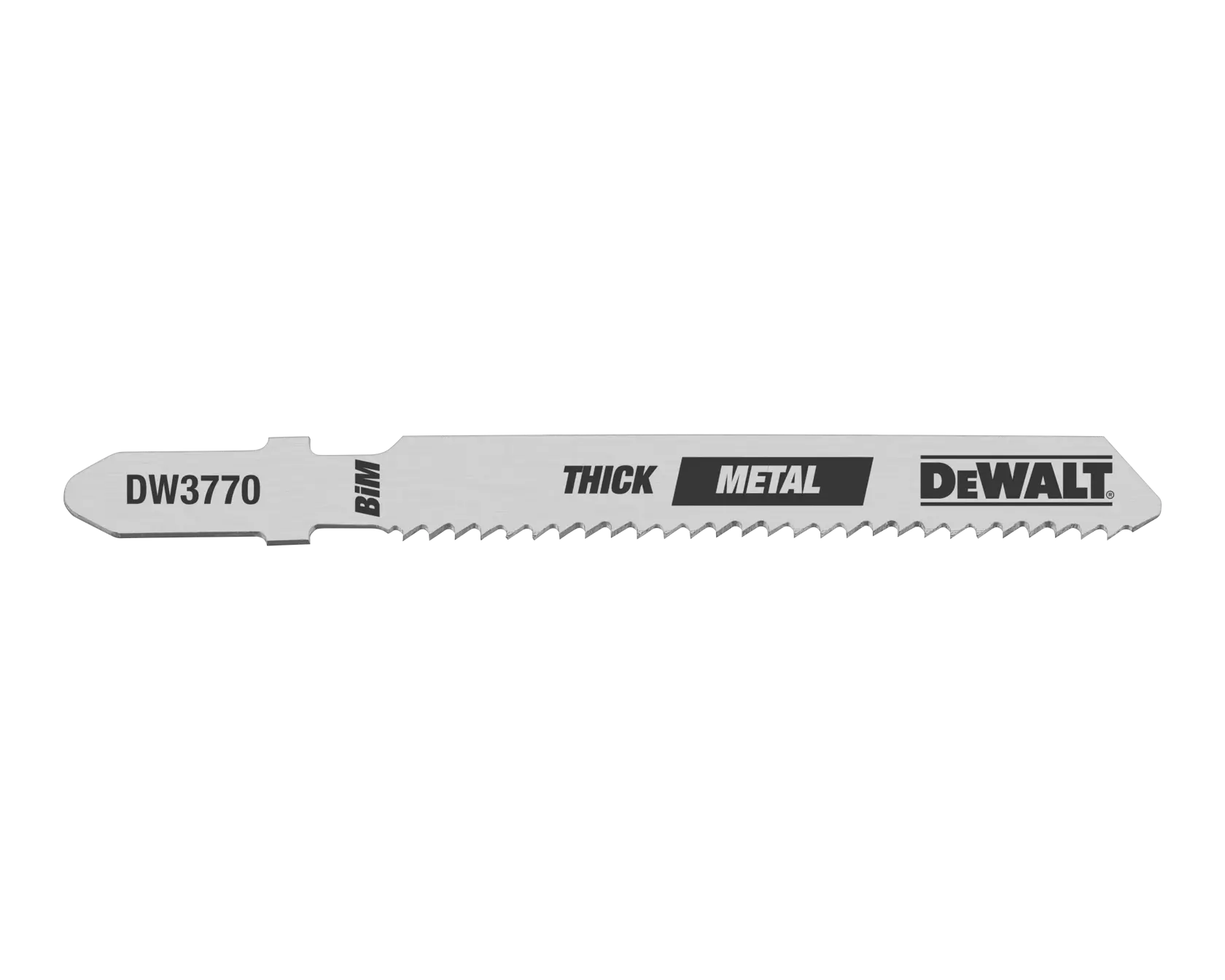 A DEWALT DW3770 jigsaw blade designed for cutting thick metal, featuring sharp teeth and marked with the model number, BIM, and DEWALT branding.