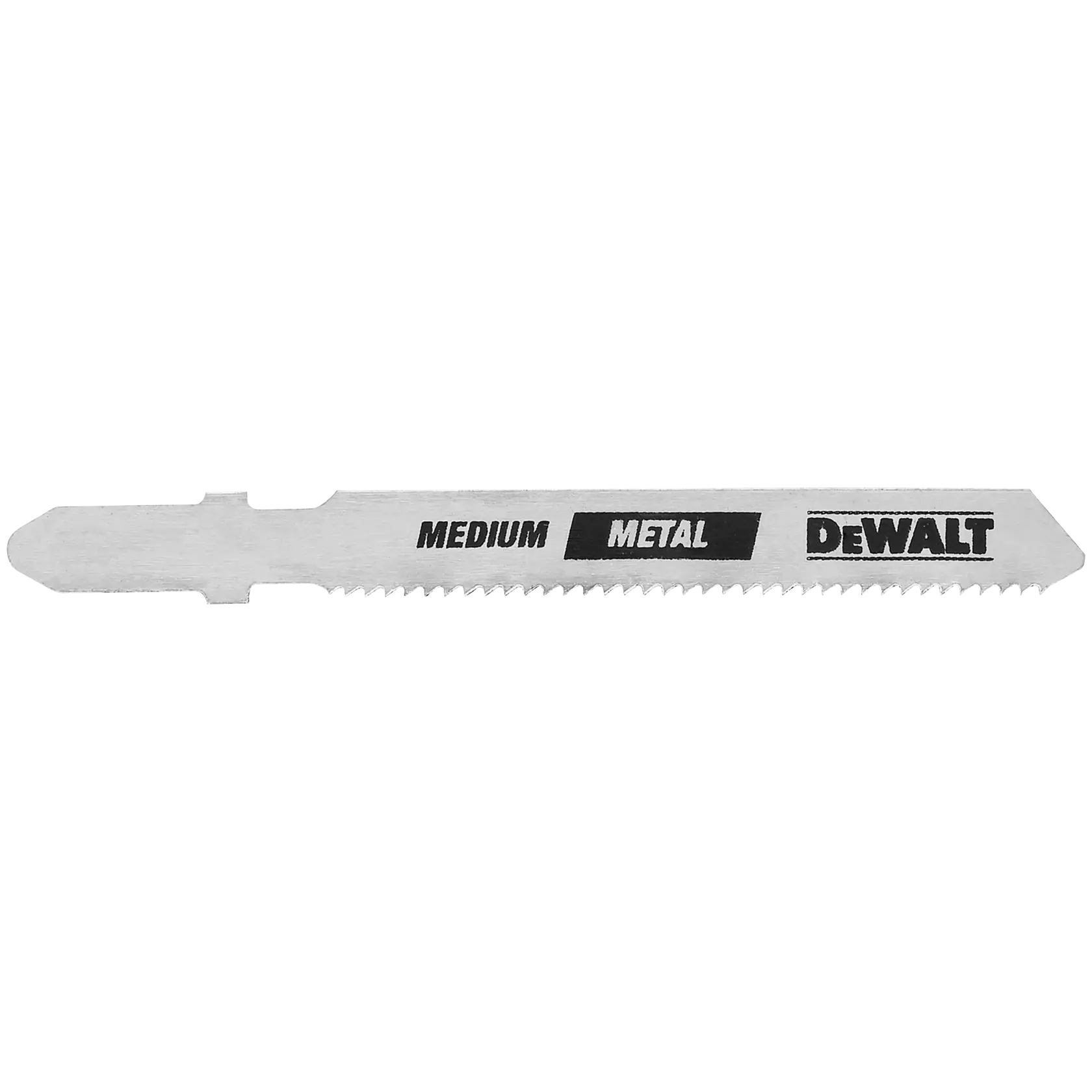 A DEWALT branded metal jigsaw blade labeled 'Medium Metal'. The blade is silver with saw teeth along one edge.