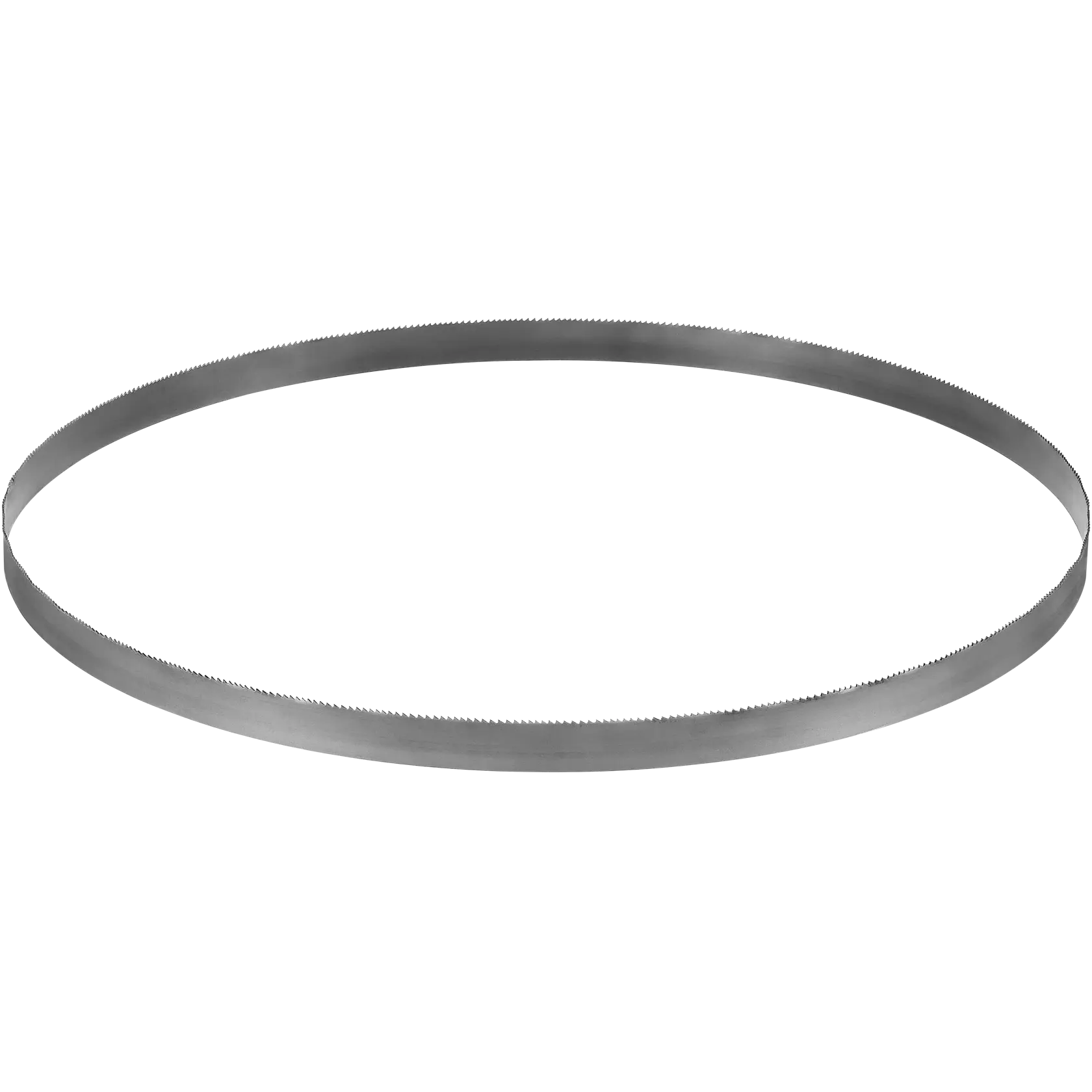 A metal band saw blade with fine teeth, shown in a circular shape on a white background.