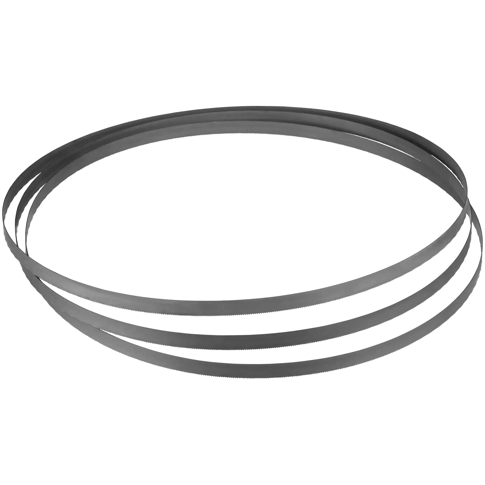 A set of metal bandsaw blades arranged in a circular shape on a white background.