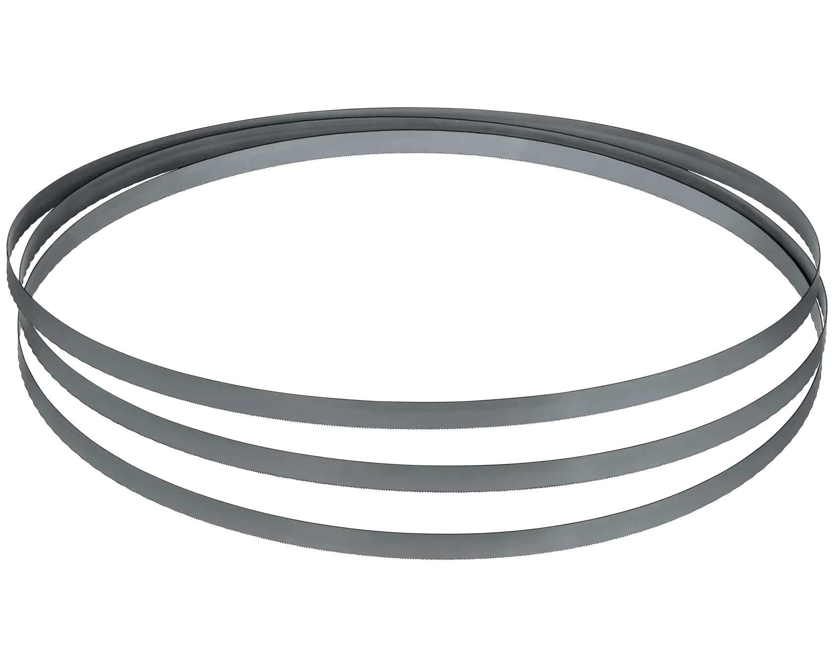 A set of three metal band saw blades, coiled in a circular arrangement against a white background.