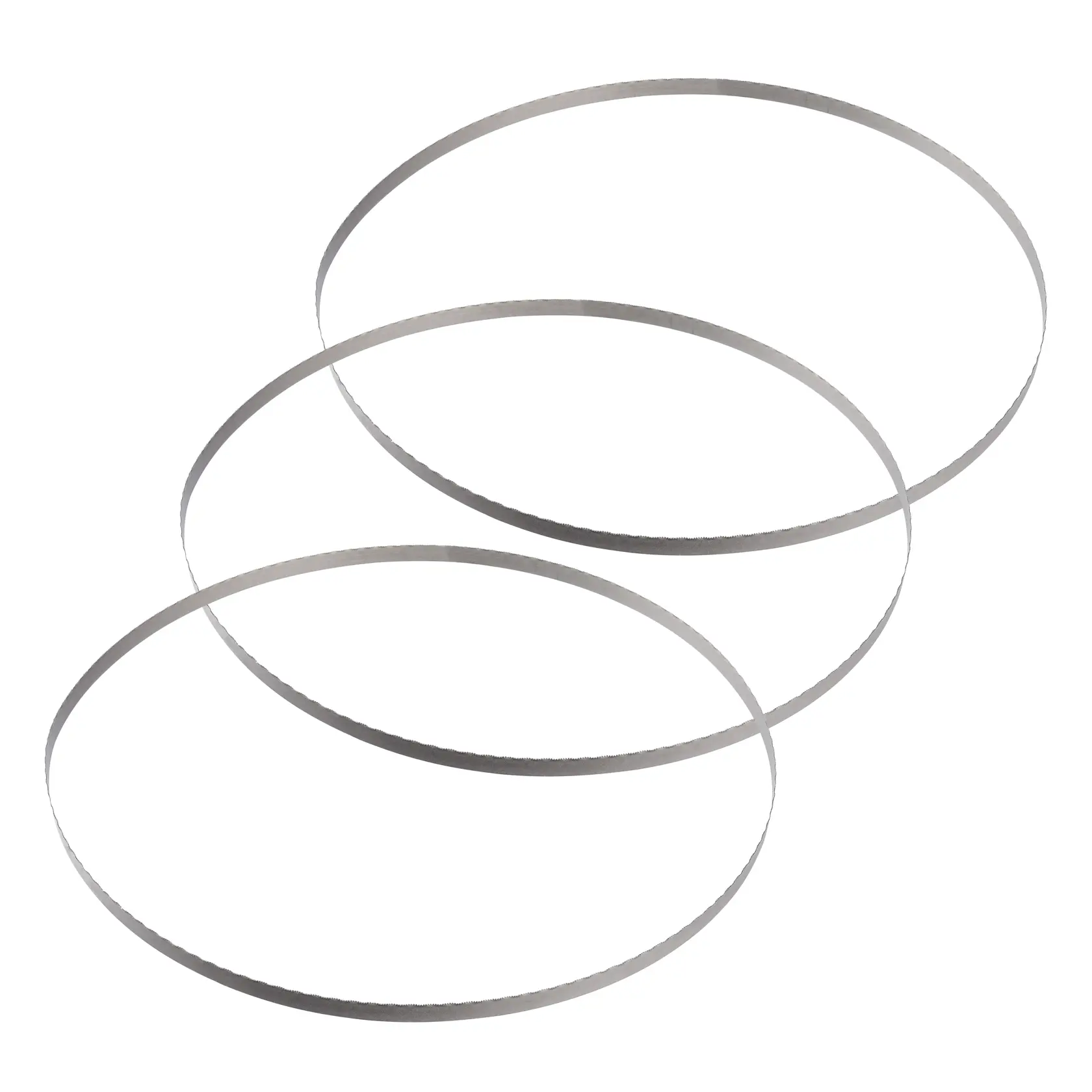 Three metal bandsaw blades arranged in overlapping circular shapes on a white background.