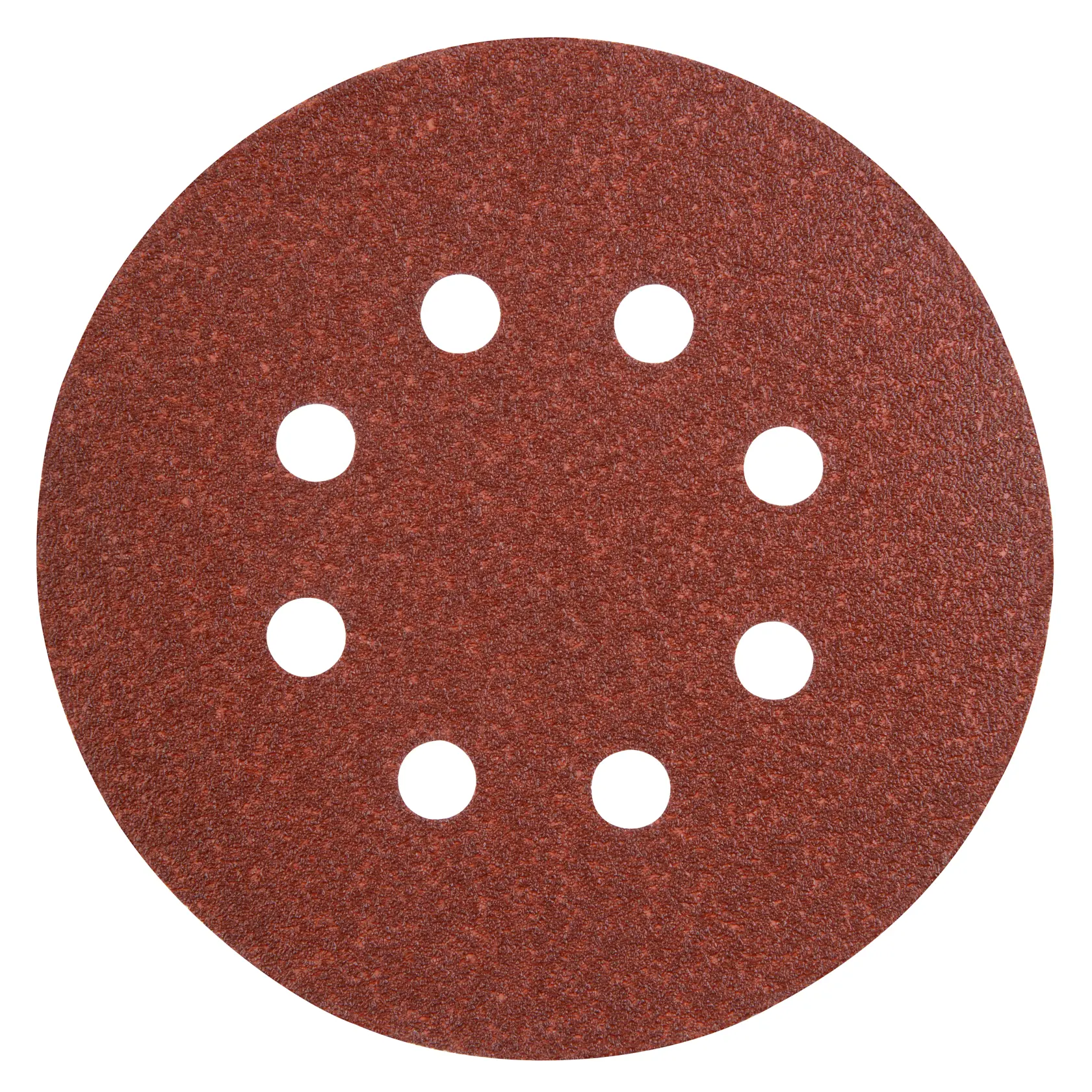 A close-up image of a round, reddish-brown sanding disc with eight evenly spaced holes arranged in a circle near the center.