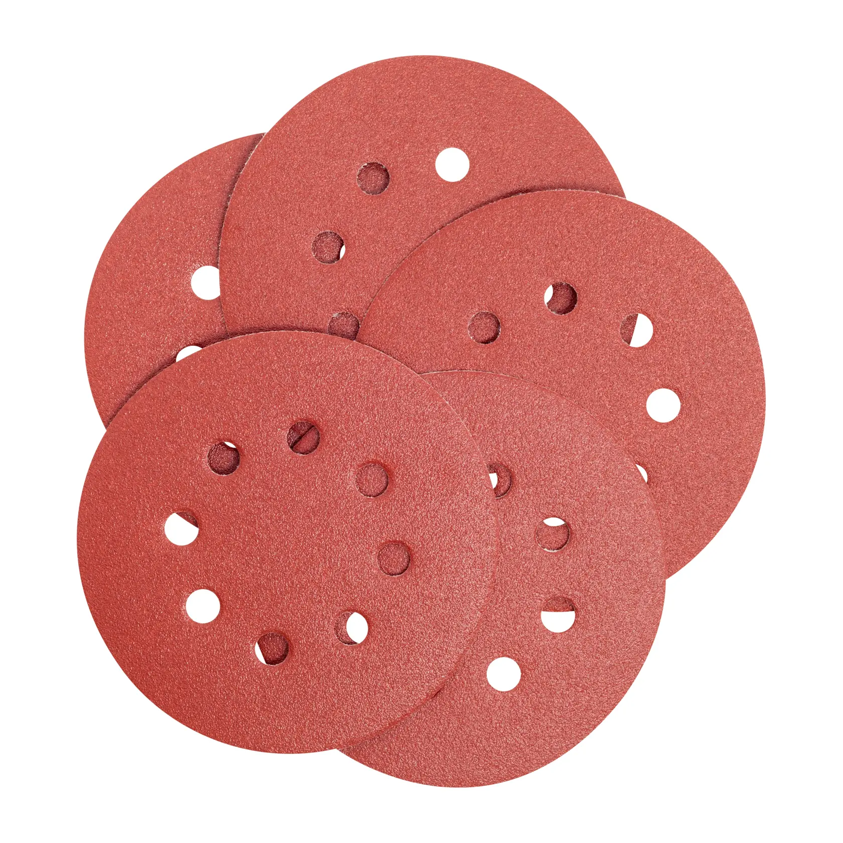 A set of five round red sanding discs with multiple holes, arranged overlapping each other on a white background.