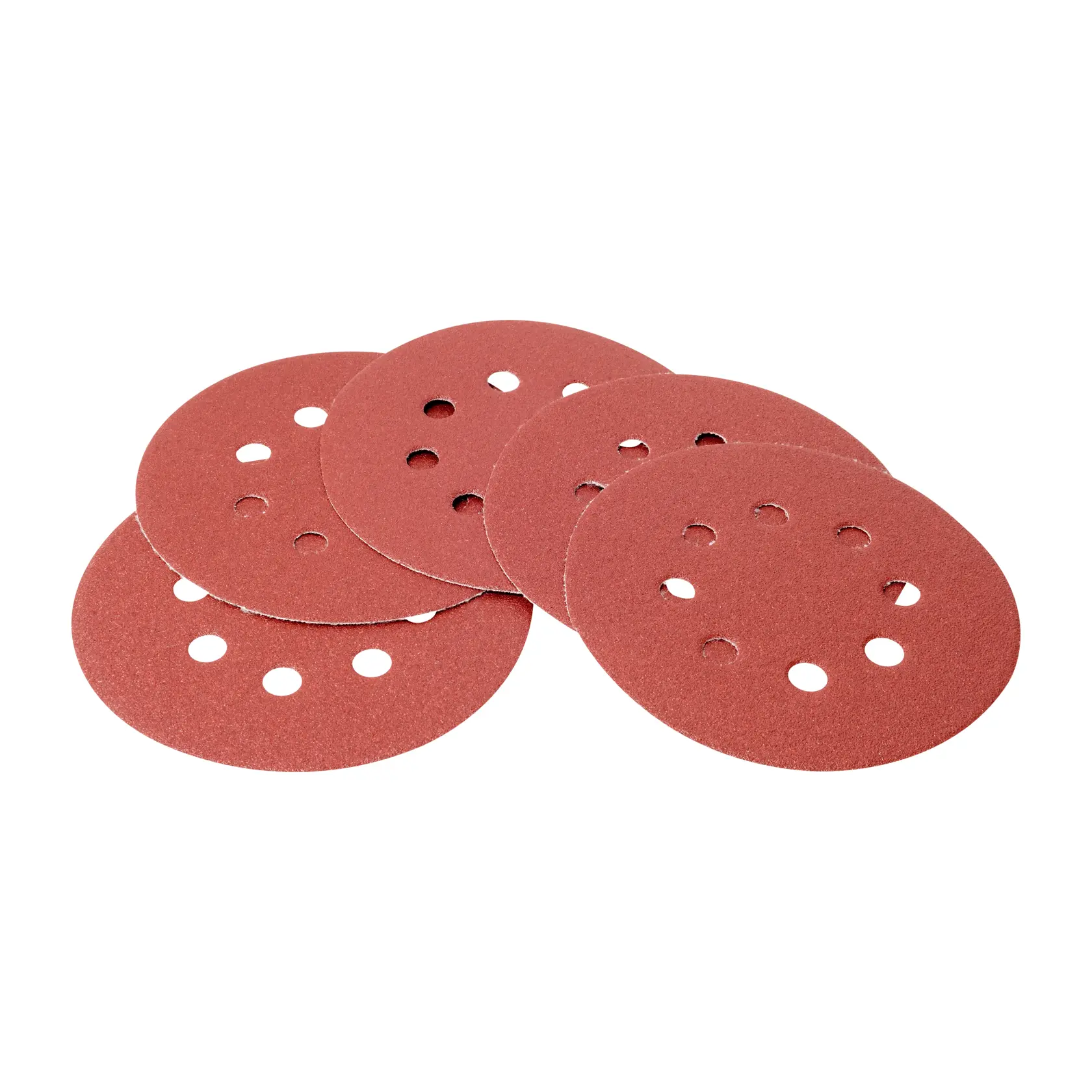 A set of five round red sanding discs with multiple holes, arranged overlapping on a white background.
