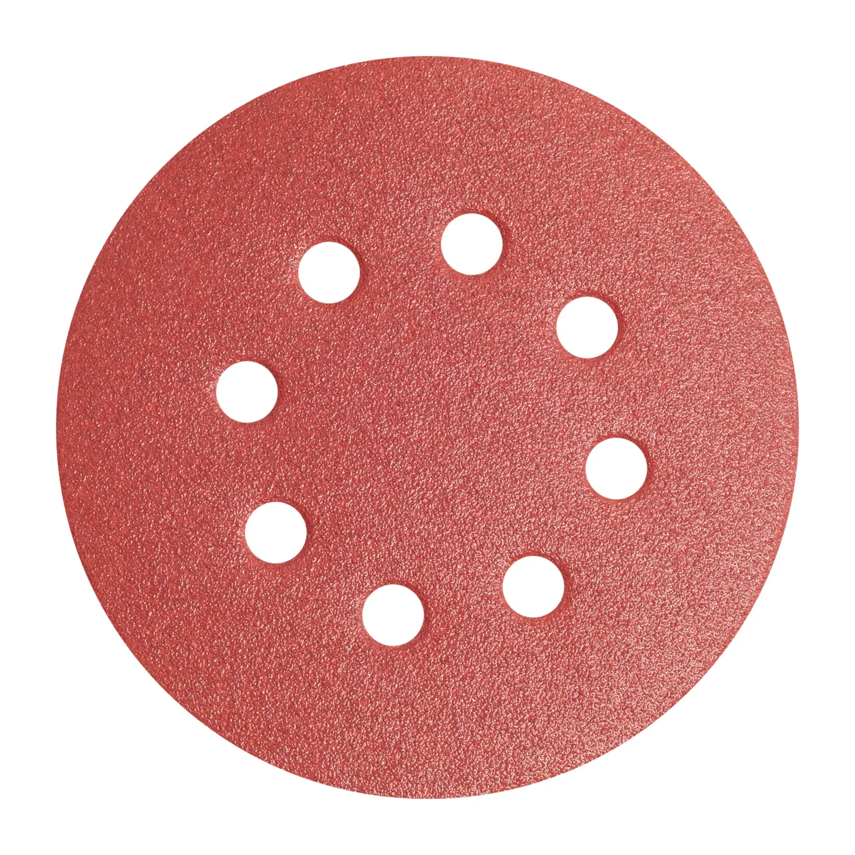 A round red sanding disc with eight evenly spaced holes for dust extraction, used with power sanders.
