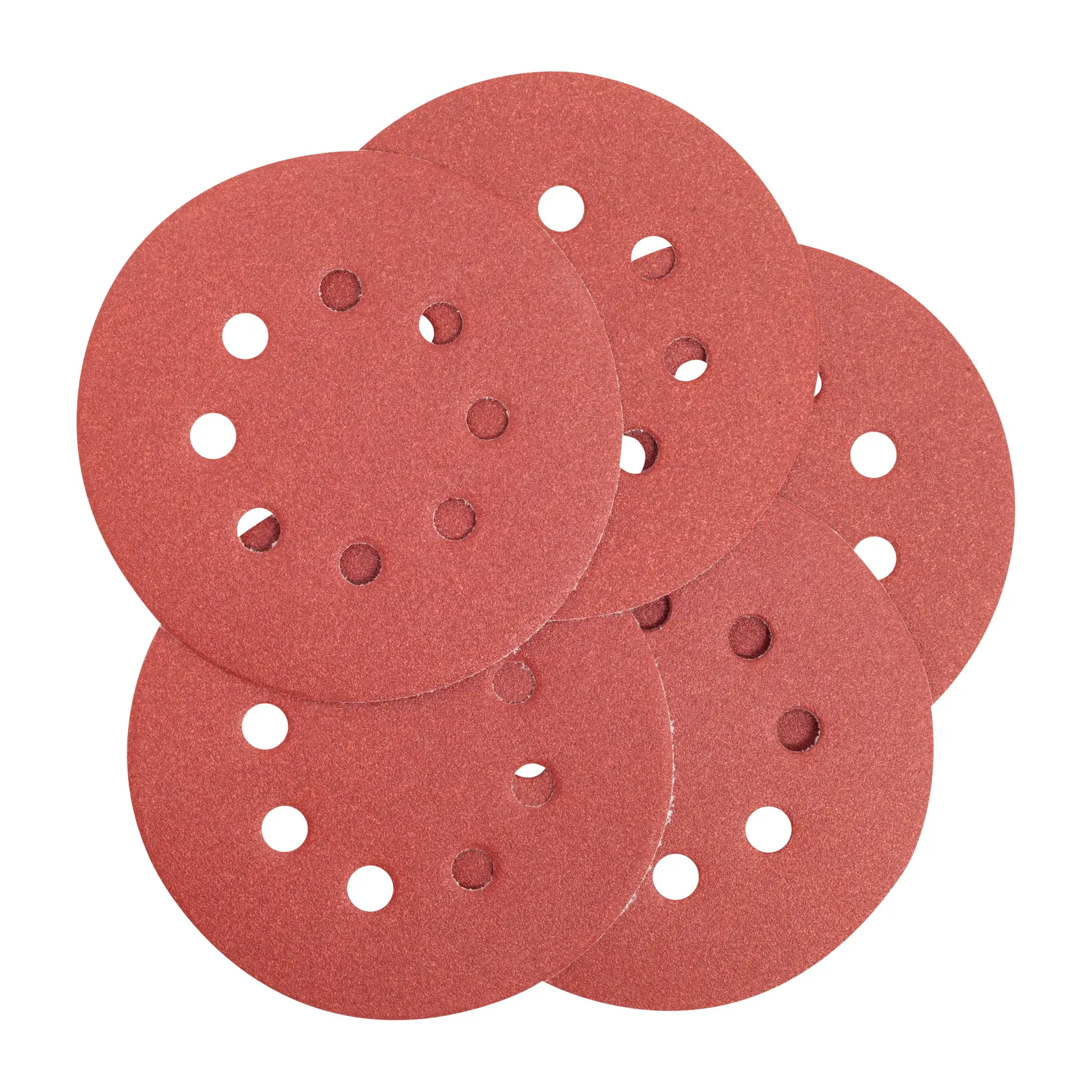 A stack of round red sandpaper discs with multiple holes, used for power sanding tools.