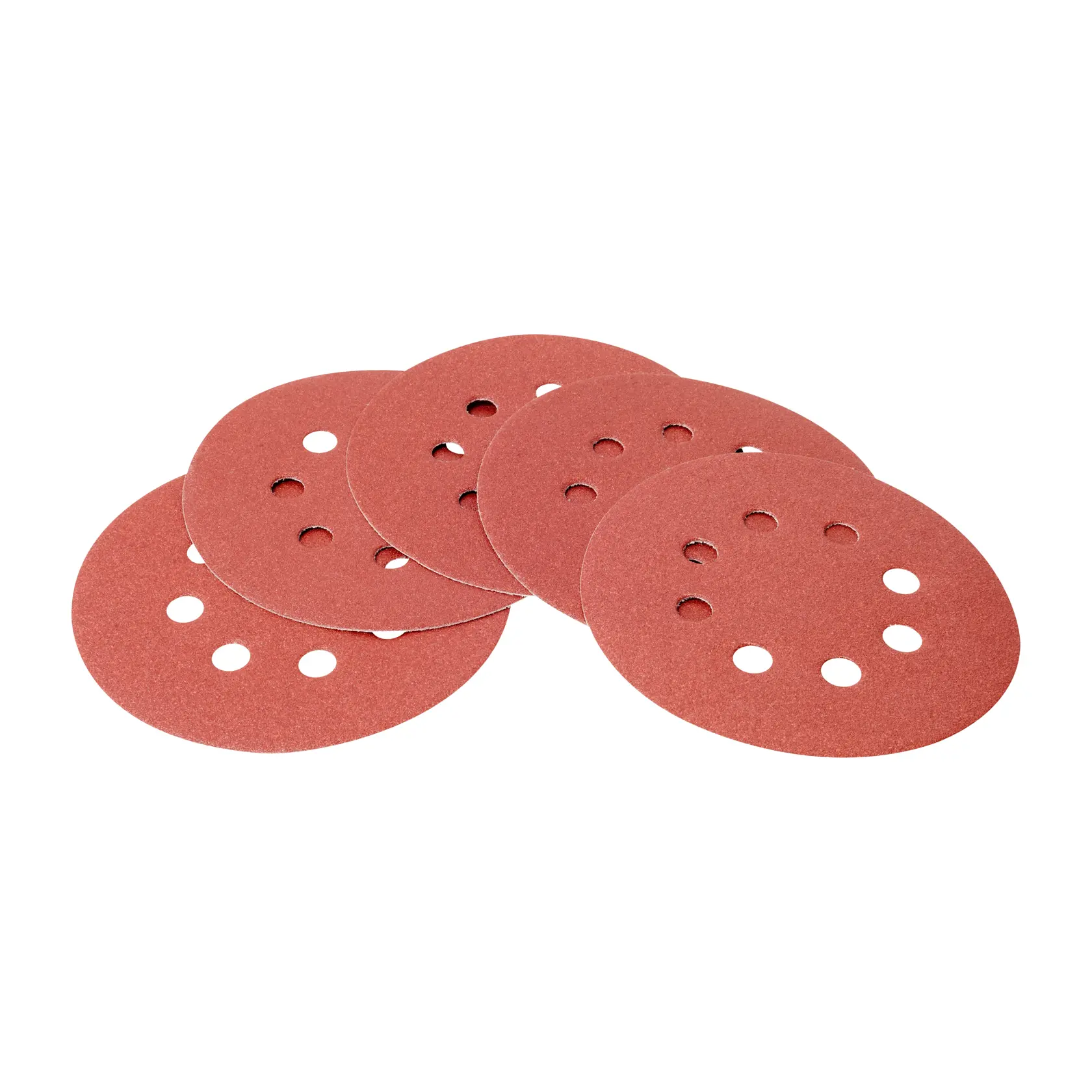 A set of five round, red sanding discs with multiple holes, arranged overlapping on a white background.
