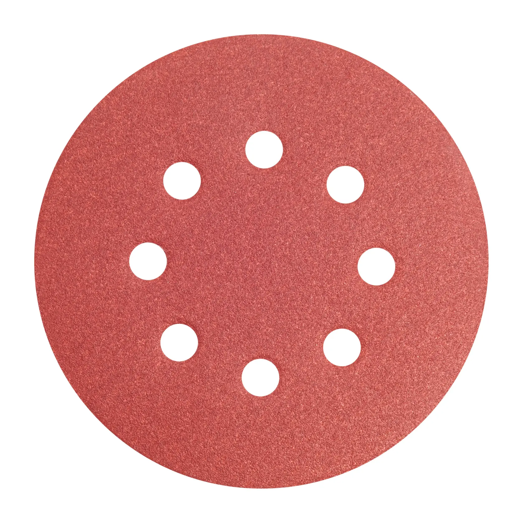 A round red sandpaper disc with eight evenly spaced holes, designed for use with a power sander.