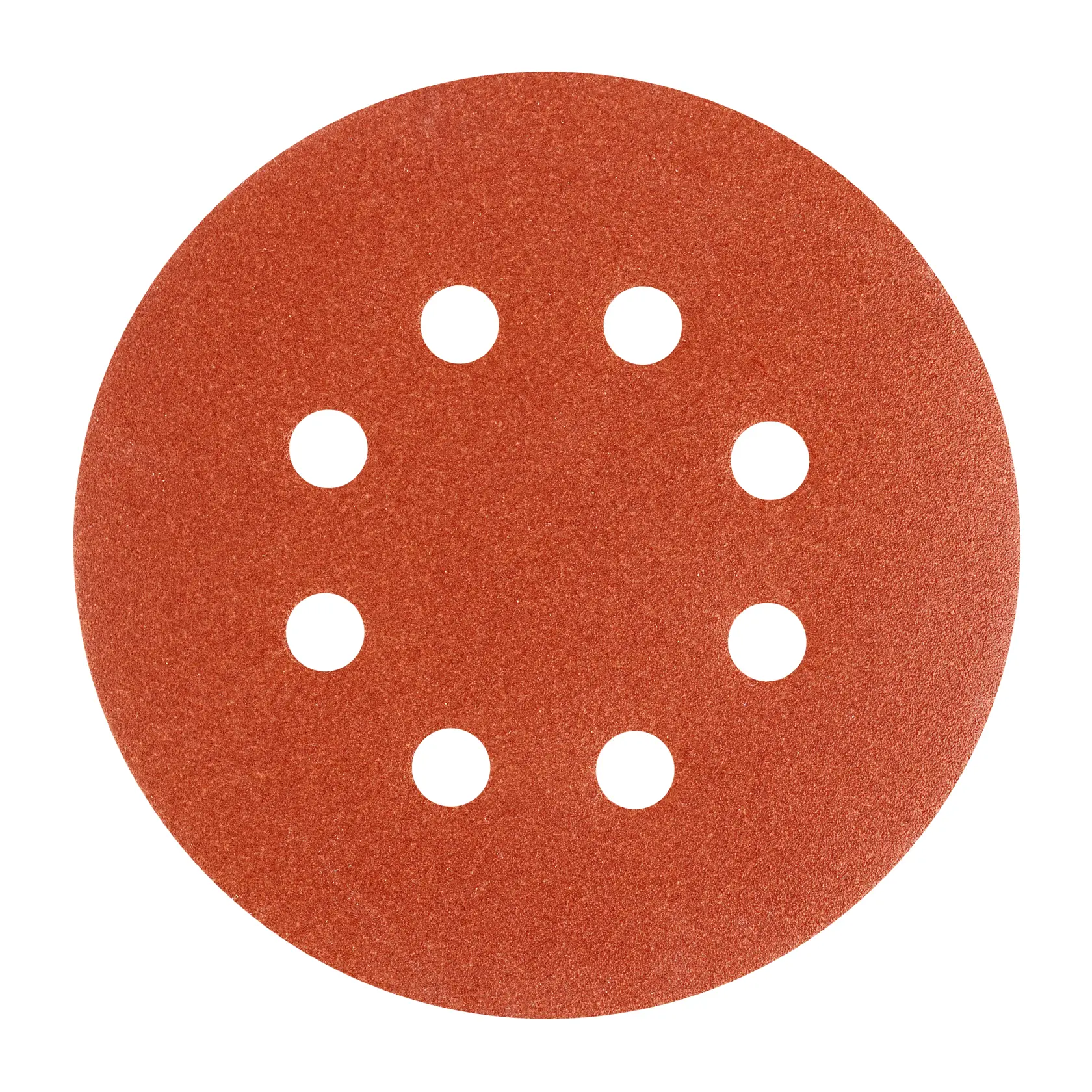 A round, reddish-brown sanding disc with eight evenly spaced holes, designed for use with a power sander.