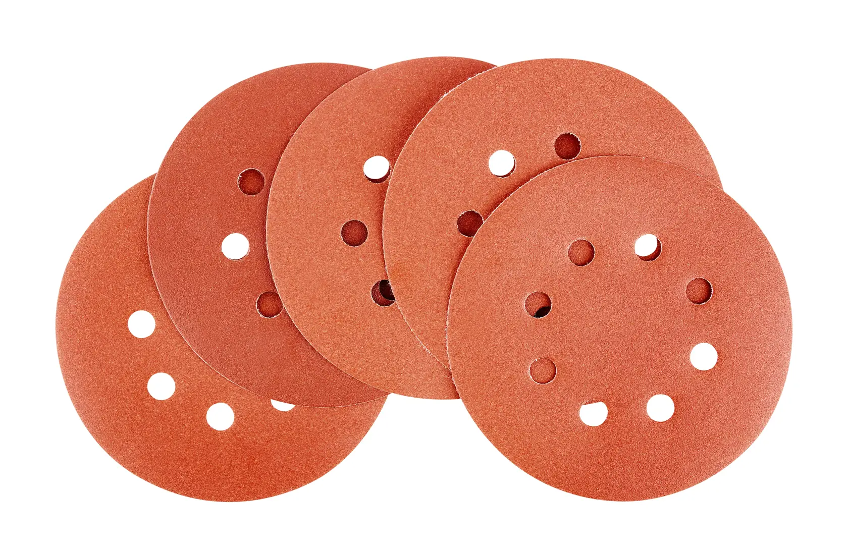 Five round sanding discs with multiple holes, displayed overlapping each other on a white background.