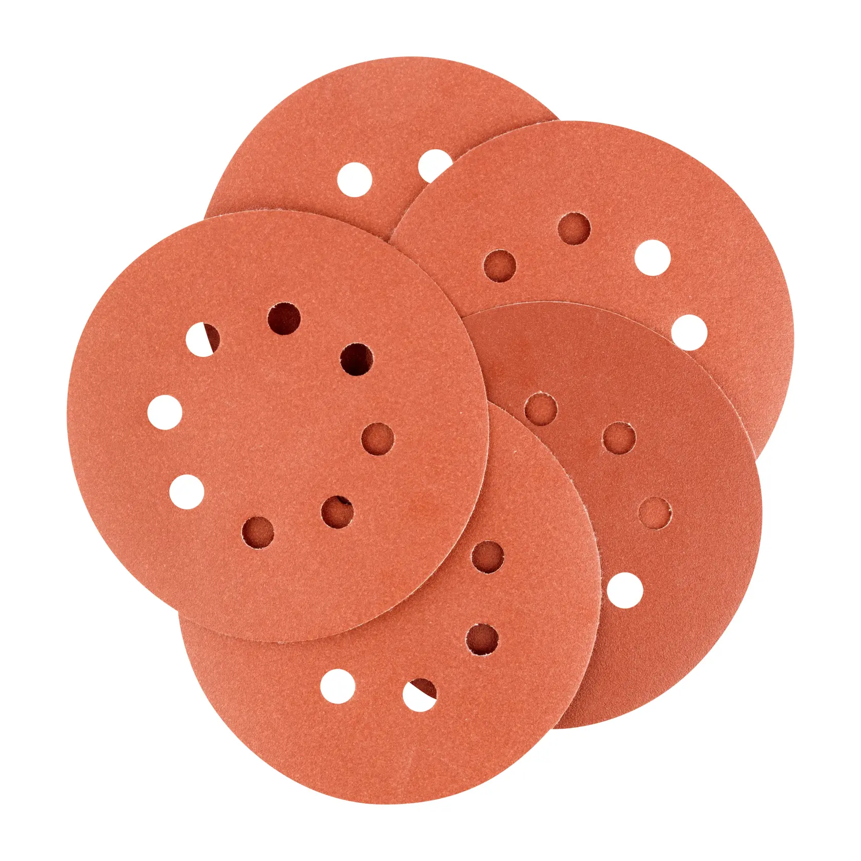 A set of five circular sanding discs with multiple holes, arranged in a slightly overlapping pattern. The discs are reddish-brown in color and are used for surface sanding tasks.