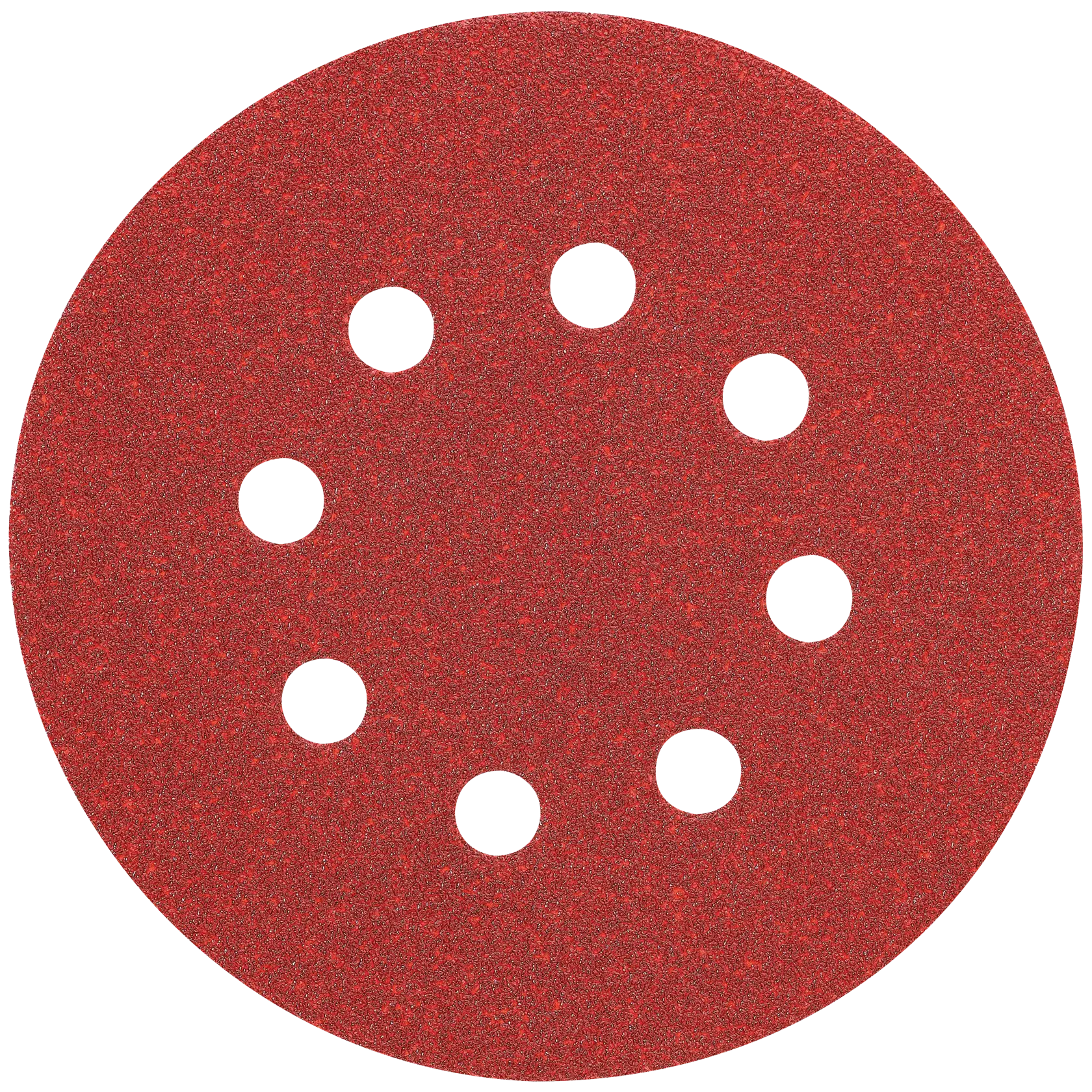 A round red sanding disc with eight evenly spaced holes in the center, used for attaching to orbital sanders.