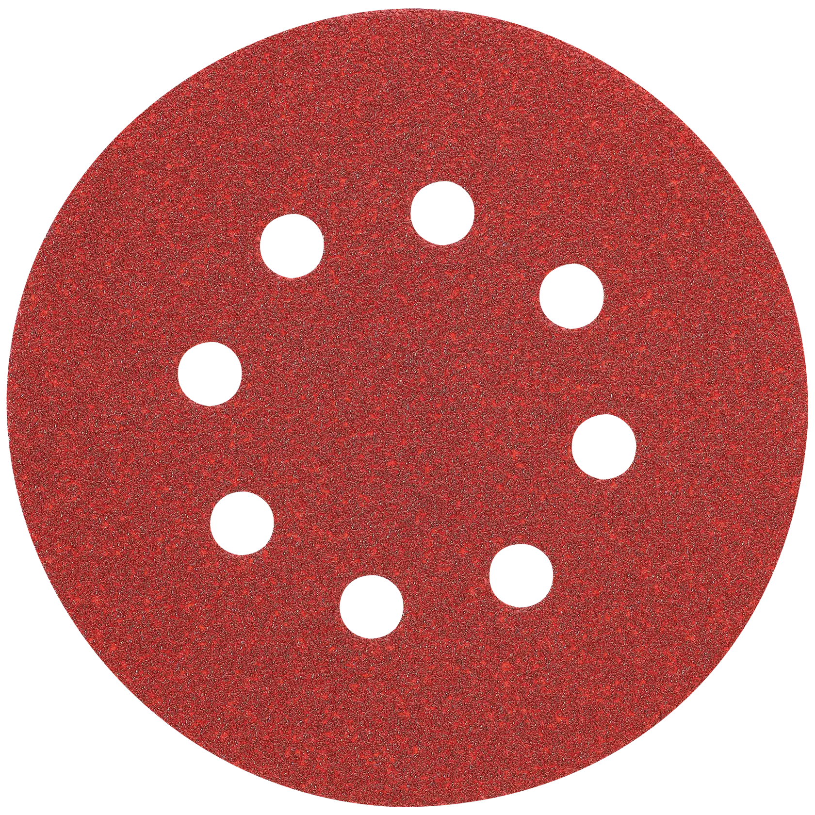 A round red sanding disc with eight evenly spaced holes near the center, used for power sanders.