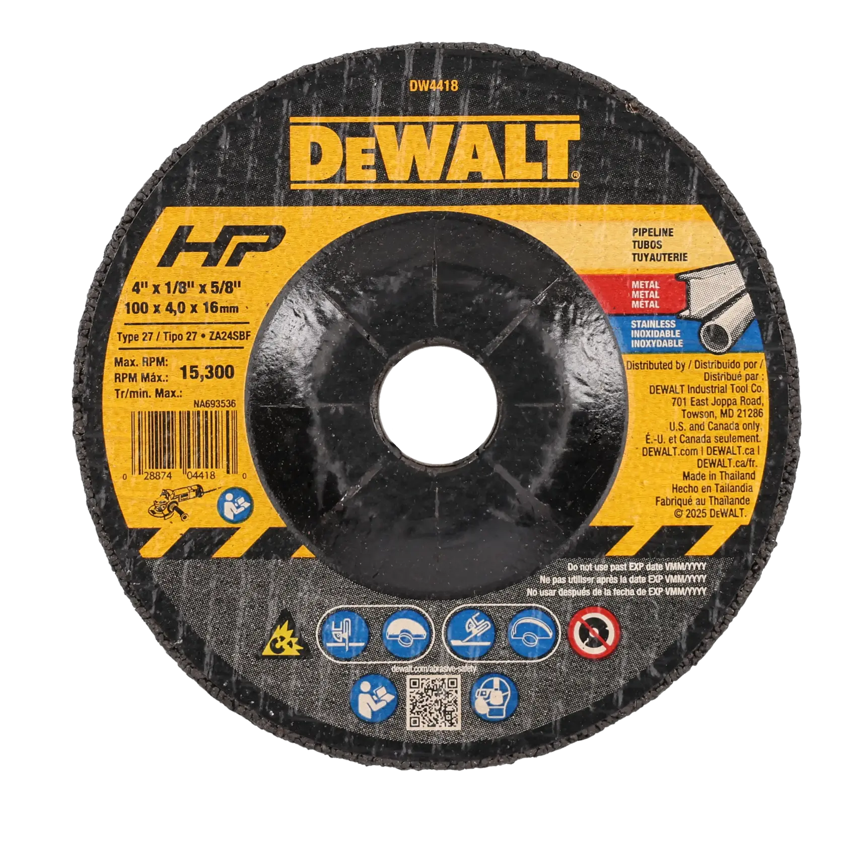 A DEWALT-branded abrasive cutting disc for metal and stainless steel, model DW4418. The disc is circular with a central hole, features product specifications in English, French, and Spanish, and has safety icons and usage warnings printed on the label.