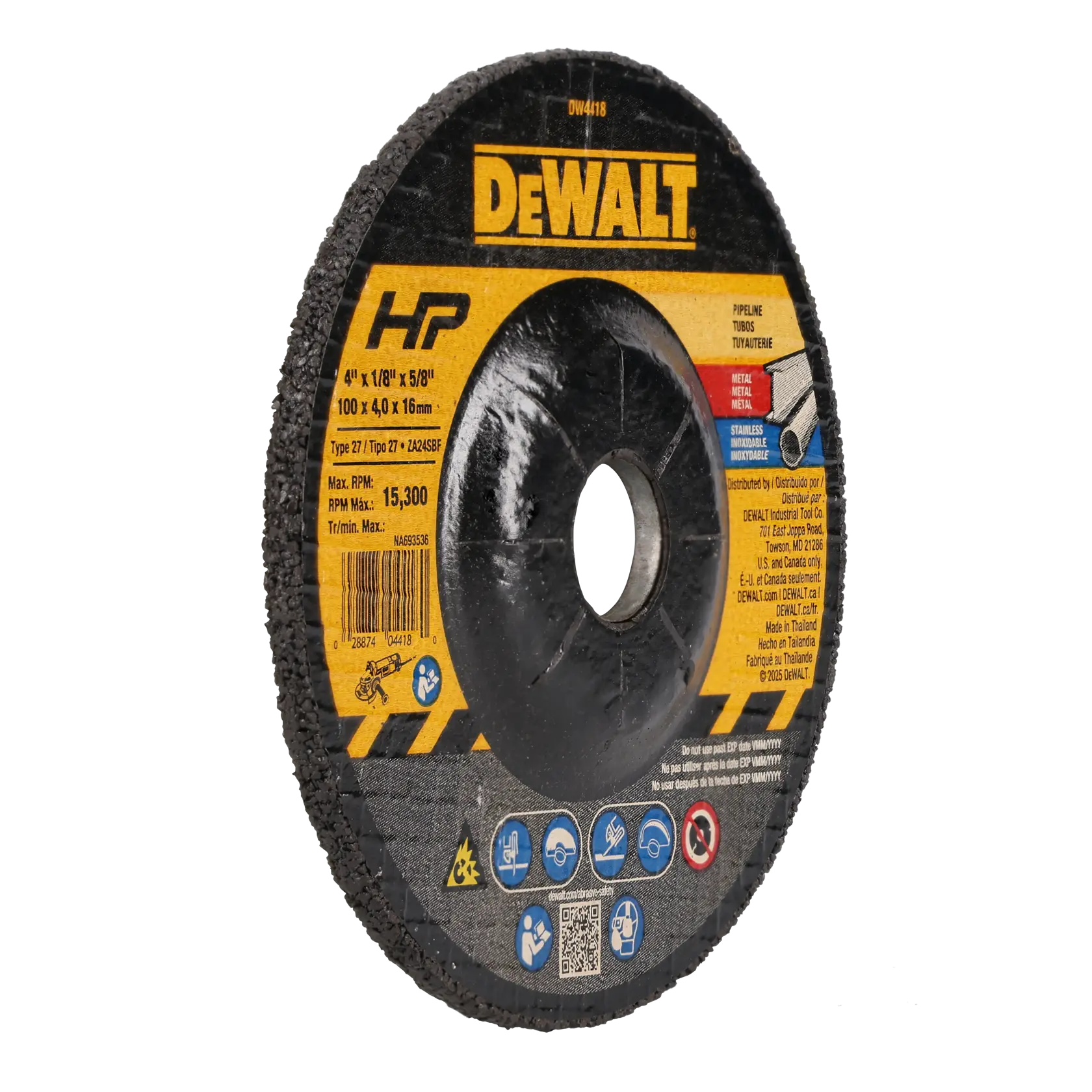 A DEWALT branded grinding wheel with yellow and black label, featuring specifications such as 4 inch diameter, maximum RPM of 15,300, and suitable for metal and stainless steel grinding.
