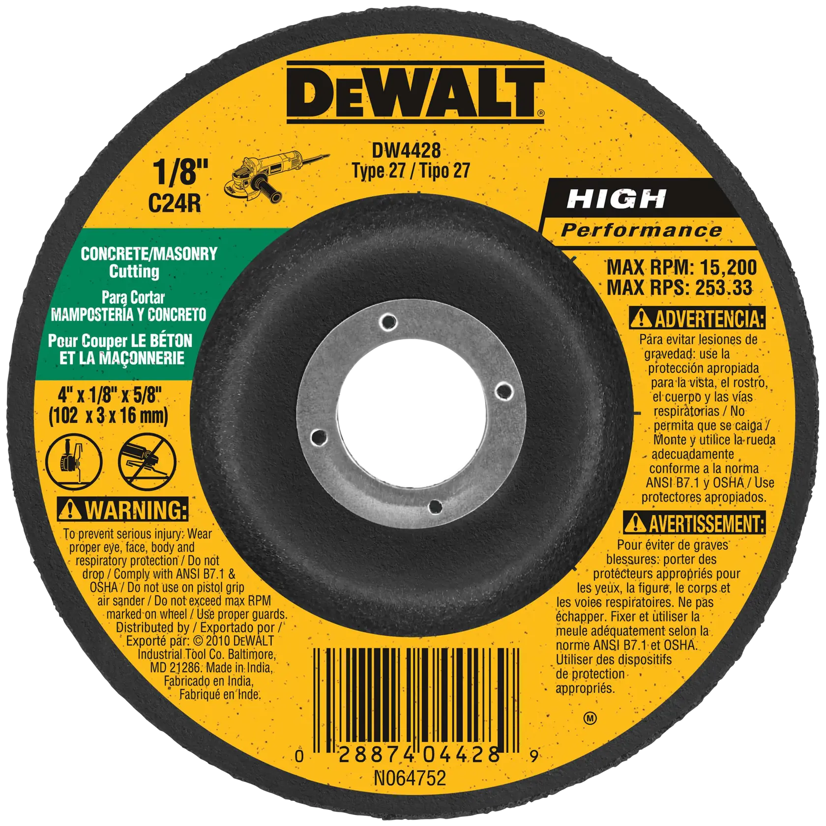 A DEWALT DW4428 Type 27 high performance concrete and masonry cutting wheel in black and yellow, with safety warnings and specifications for size (4 x 1/8 x 5/8 inch), maximum RPM (15,200), and usage instructions in English, Spanish, and French.