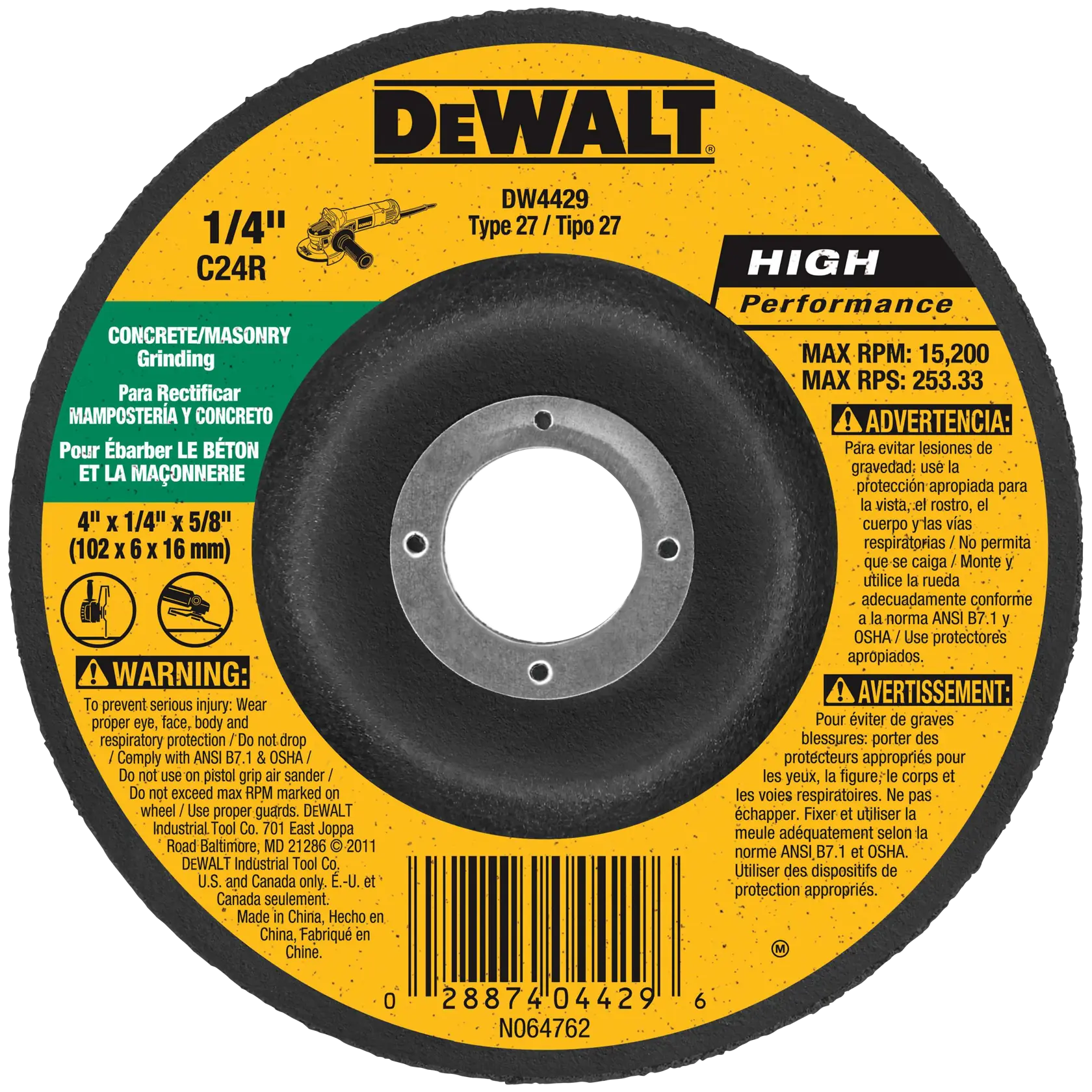 A DEWALT branded concrete and masonry grinding wheel, model DW4429, Type 27. The wheel is 4 inches in diameter, 1/4 inch thick, and fits a 5/8 inch arbor (102 x 6 x 16 mm). The yellow and black label provides safety warnings in English, Spanish, and French, highlighting the need for eye, face, body, and respiratory protection, compliance with ANSI B7.1 and OSHA standards, and maximum speeds of 15,200 RPM. The product is made in China.
