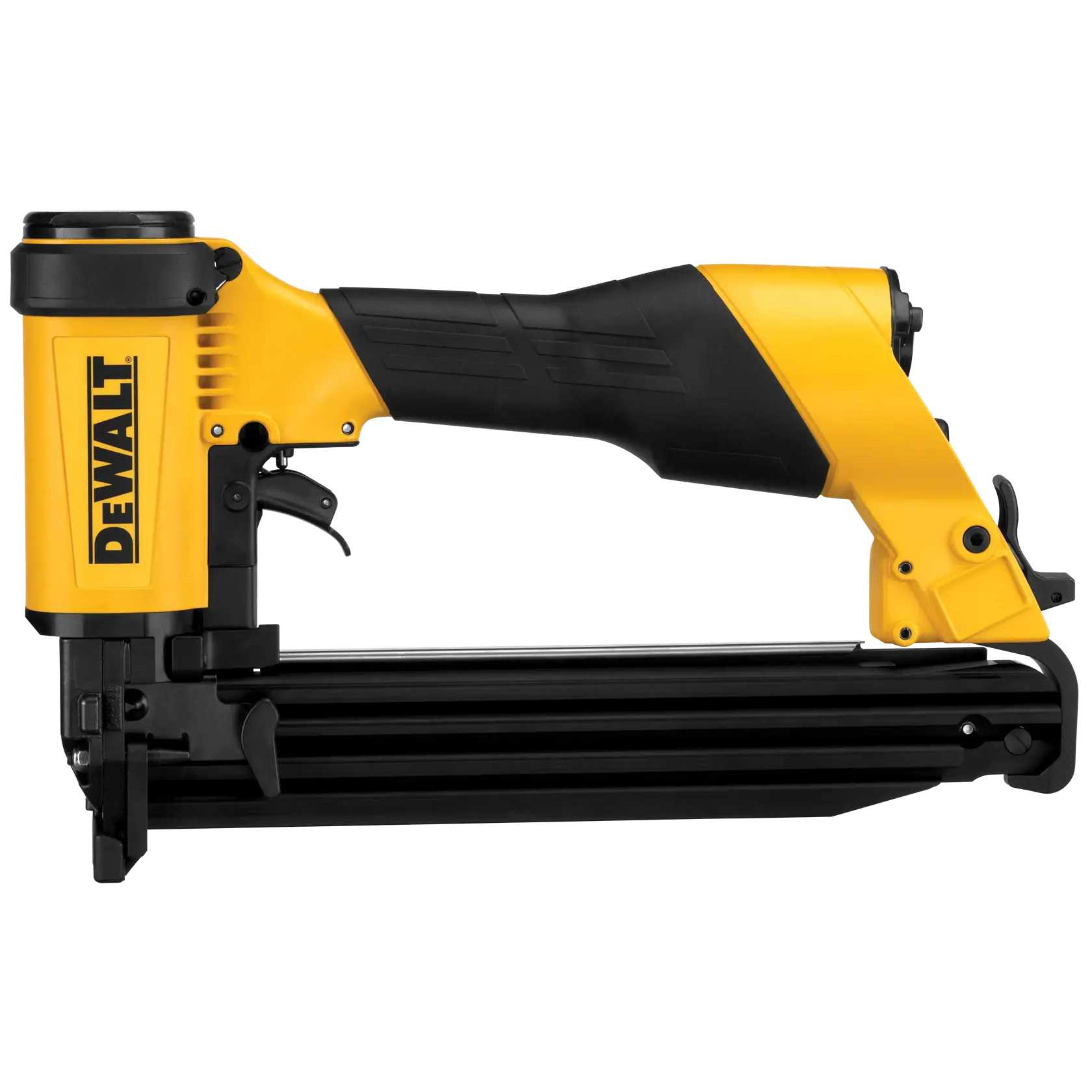 A DEWALT branded pneumatic nail gun with a yellow and black body, shown on a white background.