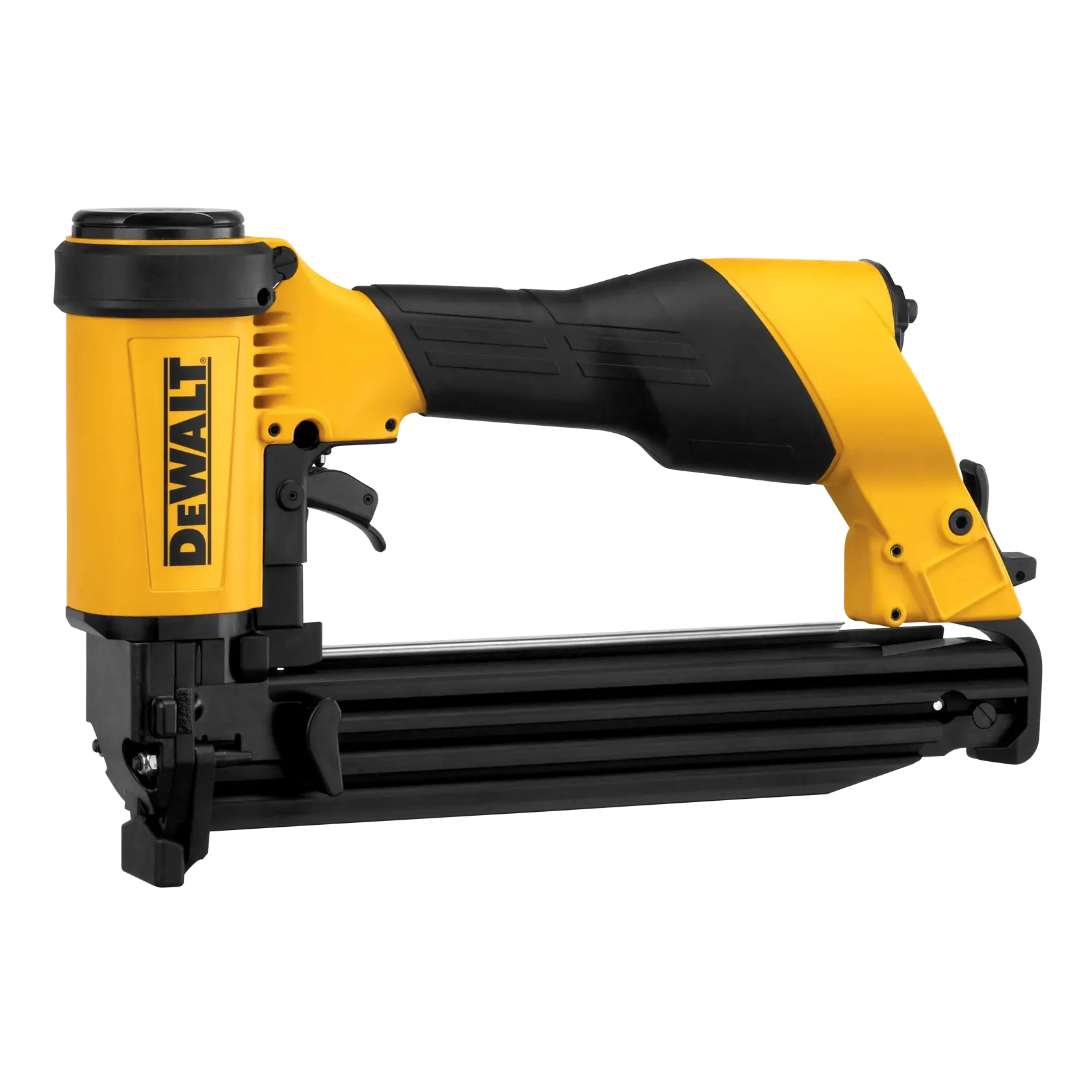 A DEWALT pneumatic nail gun with a yellow and black body, designed for heavy-duty fastening tasks.