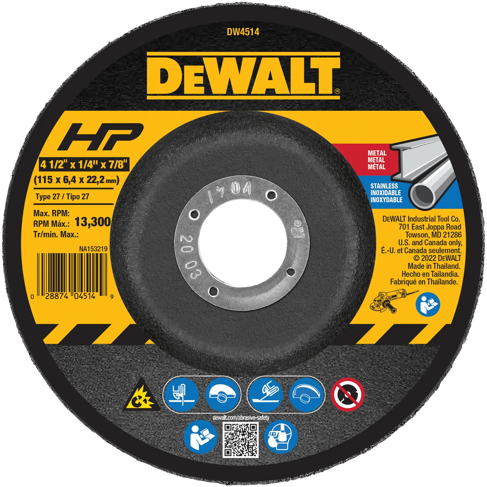 Image of a DEWALT grinding wheel, model DW4514, with specifications 4 1/2 inch x 1/4 inch x 7/8 inch (115 x 6.4 x 22.2 mm). The wheel is designed for metal and stainless steel, and features a maximum RPM of 13,300. The product label includes safety icons, bar code, and manufacturing information.