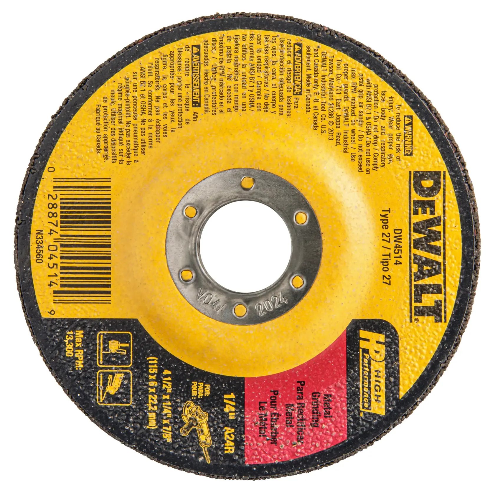 A DEWALT branded grinding wheel, model DW4514, with a yellow and black label. The wheel is designed for use with an angle grinder and features HP High Performance branding. Specifications and safety information are printed on the surface.