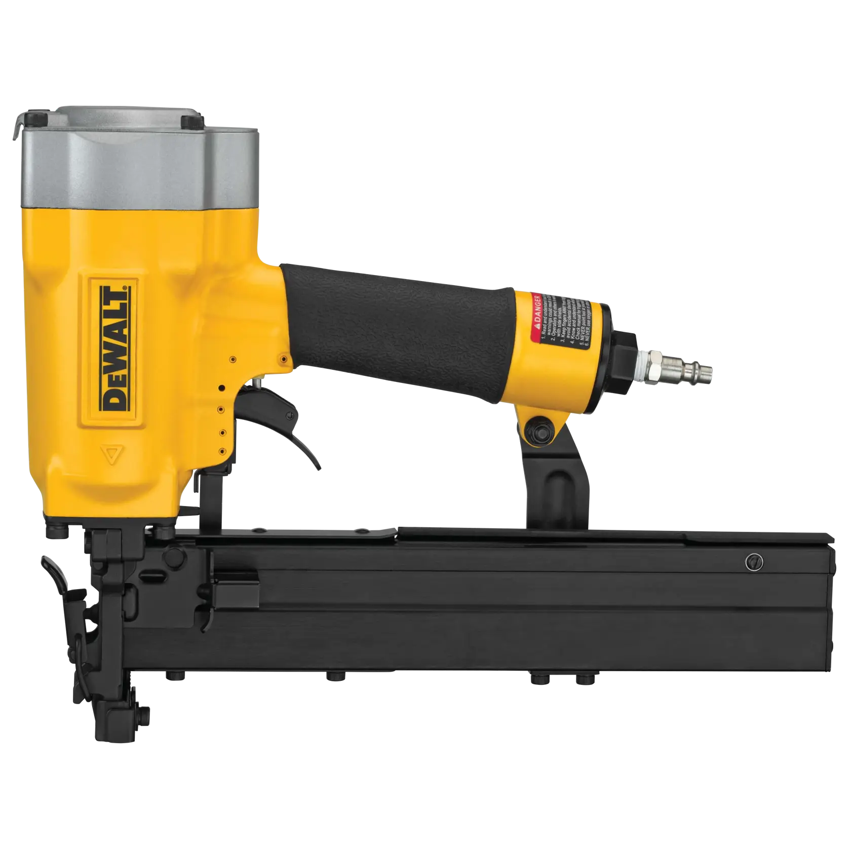 A DEWALT pneumatic nailer tool with a yellow and black handle and metal components, used for fastening nails in construction or woodworking.