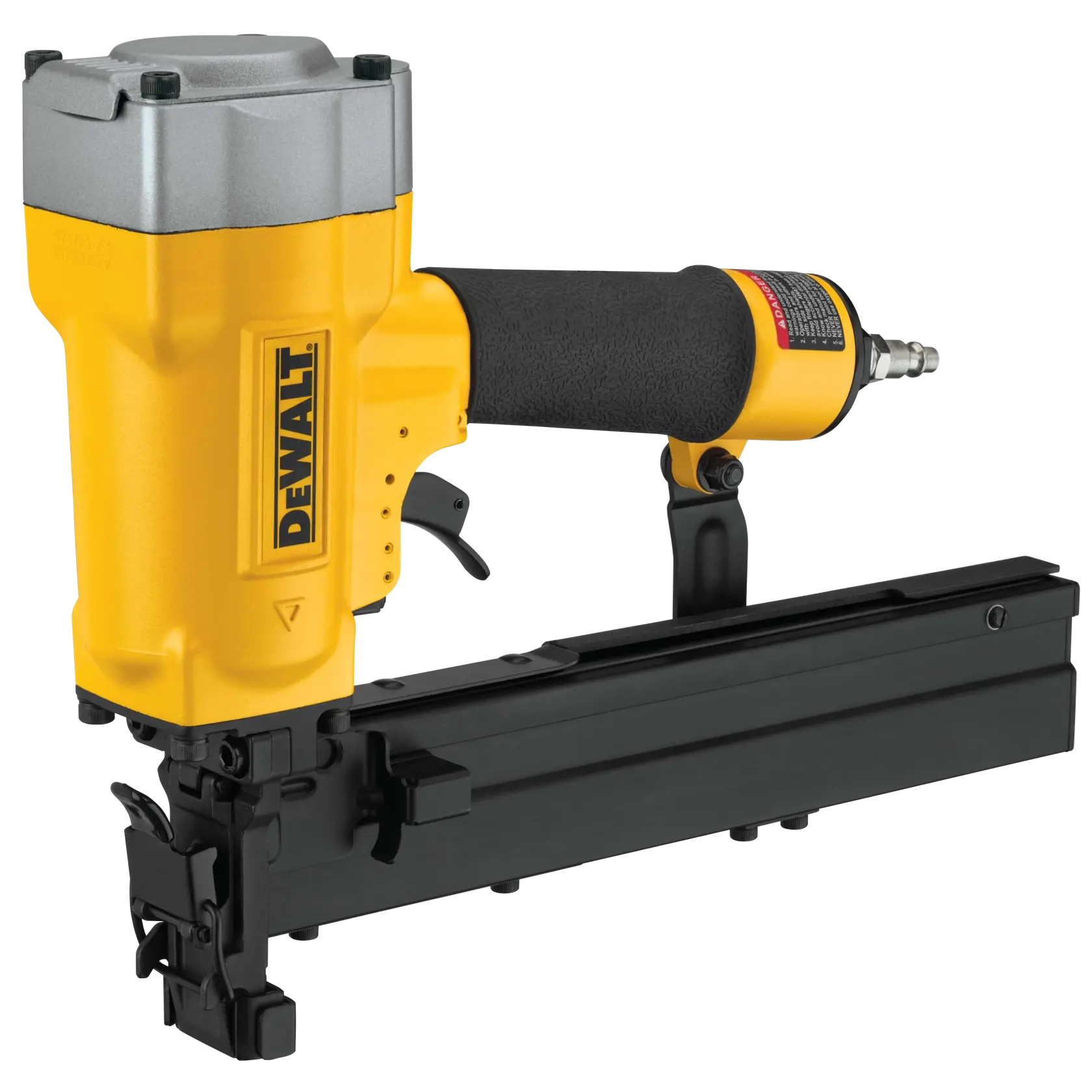 A DEWALT pneumatic nail gun with a yellow and black design, featuring a comfortable grip and an air hose connector at the end.
