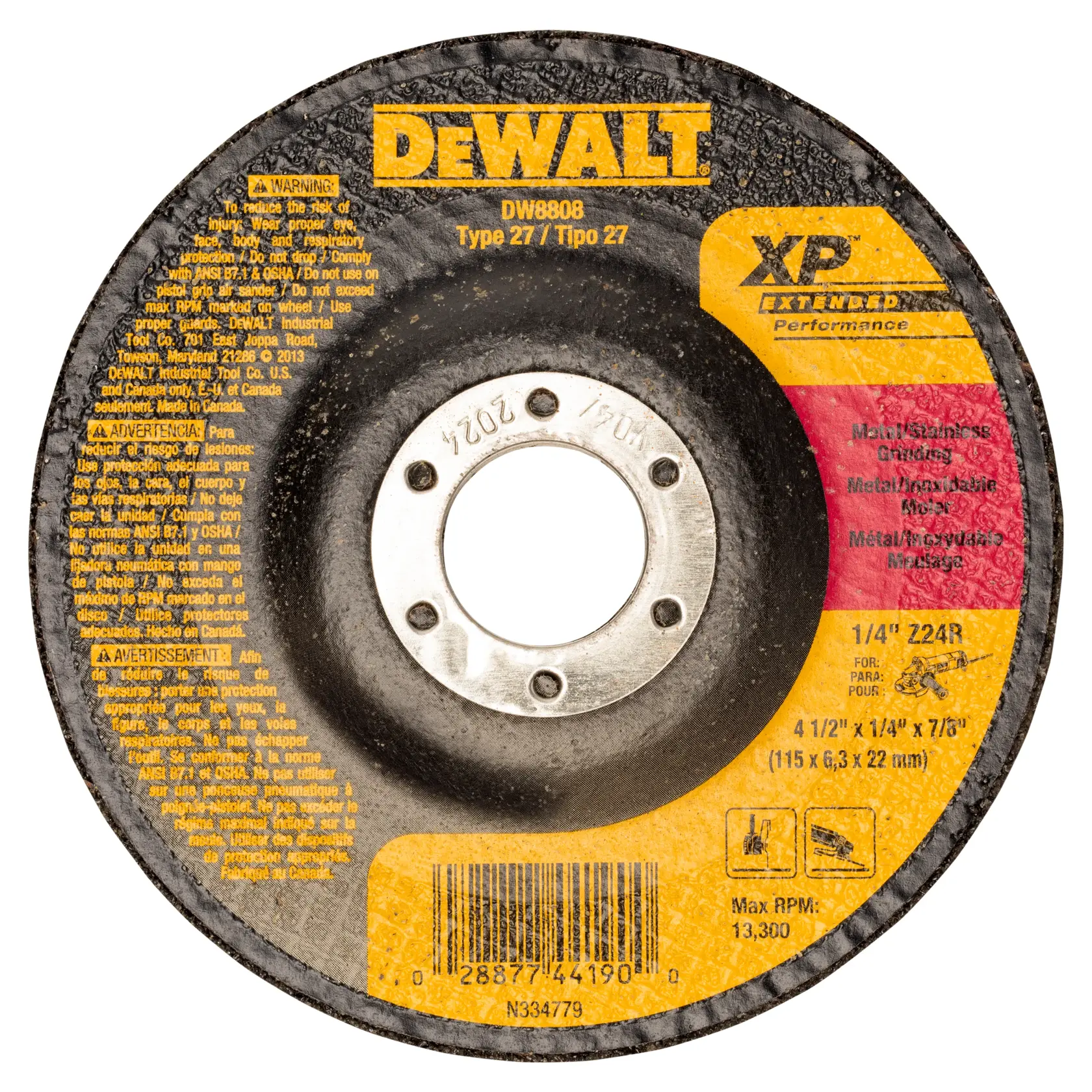 A close-up image of a DEWALT DW8808 Type 27 grinding wheel. The wheel features yellow, black, and red labeling, with warnings and specifications in English, Spanish, and French. The DEWALT logo is prominent at the top, and there is a barcode at the bottom. The wheel is designed for grinding metal and stainless steel, with specifications for size and maximum RPM.