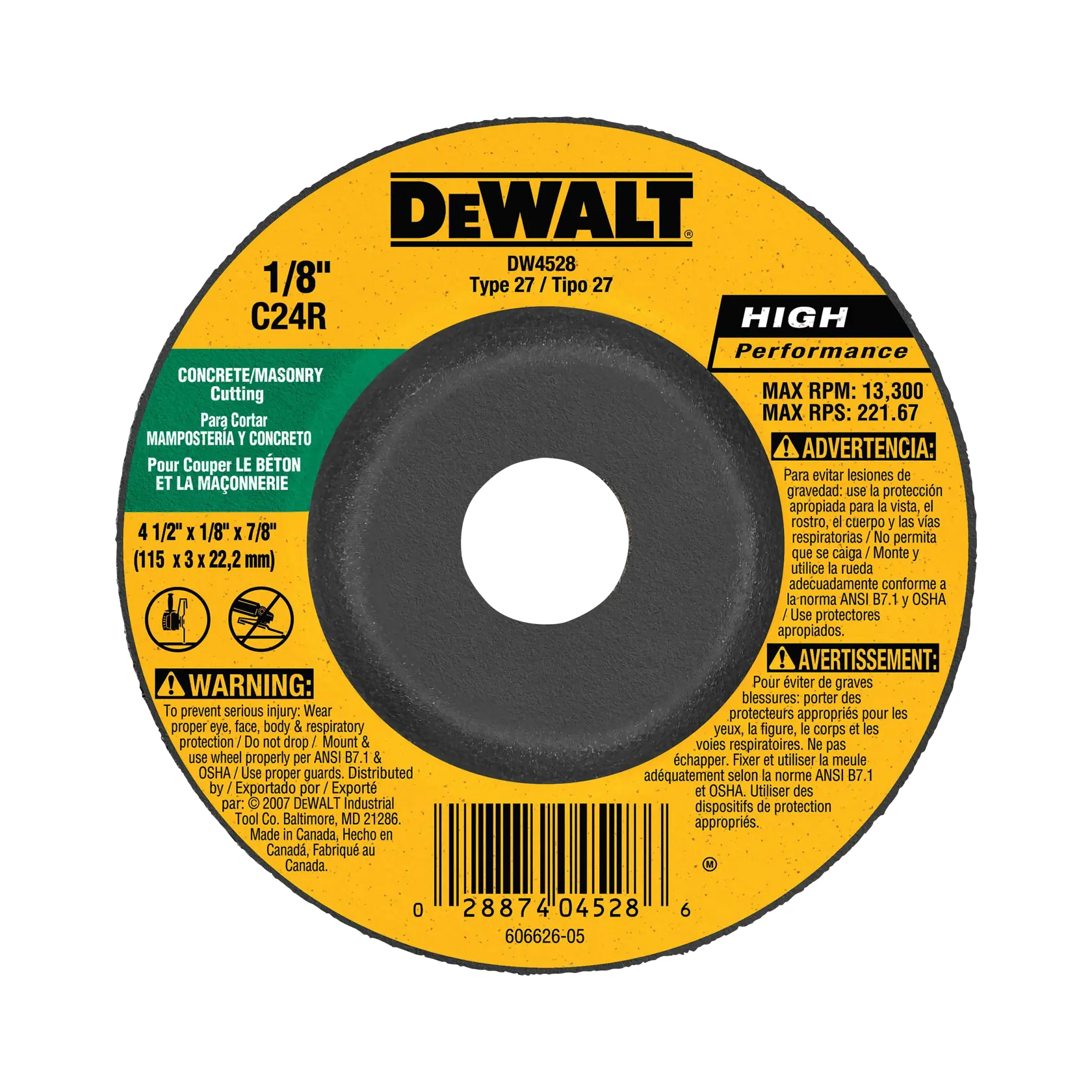 DEWALT DW4528 Type 27 High Performance concrete/masonry cutting wheel, 4 1/2 inch x 1/8 inch x 7/8 inch, with safety warnings and instructions in English, Spanish, and French, yellow and black label.