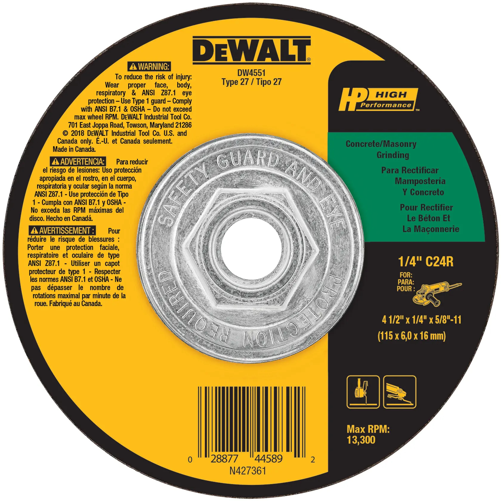 A DEWALT DW4551 Type 27 grinding wheel for concrete and masonry. The wheel is 4 1/2 inches in diameter, 1/4 inch thick, with a 5/8-11 arbor. Maximum RPM is 13,300. The product features warnings in English, French, and Spanish, a barcode, and manufacturer information. Designed for high performance grinding with safety guard instructions.