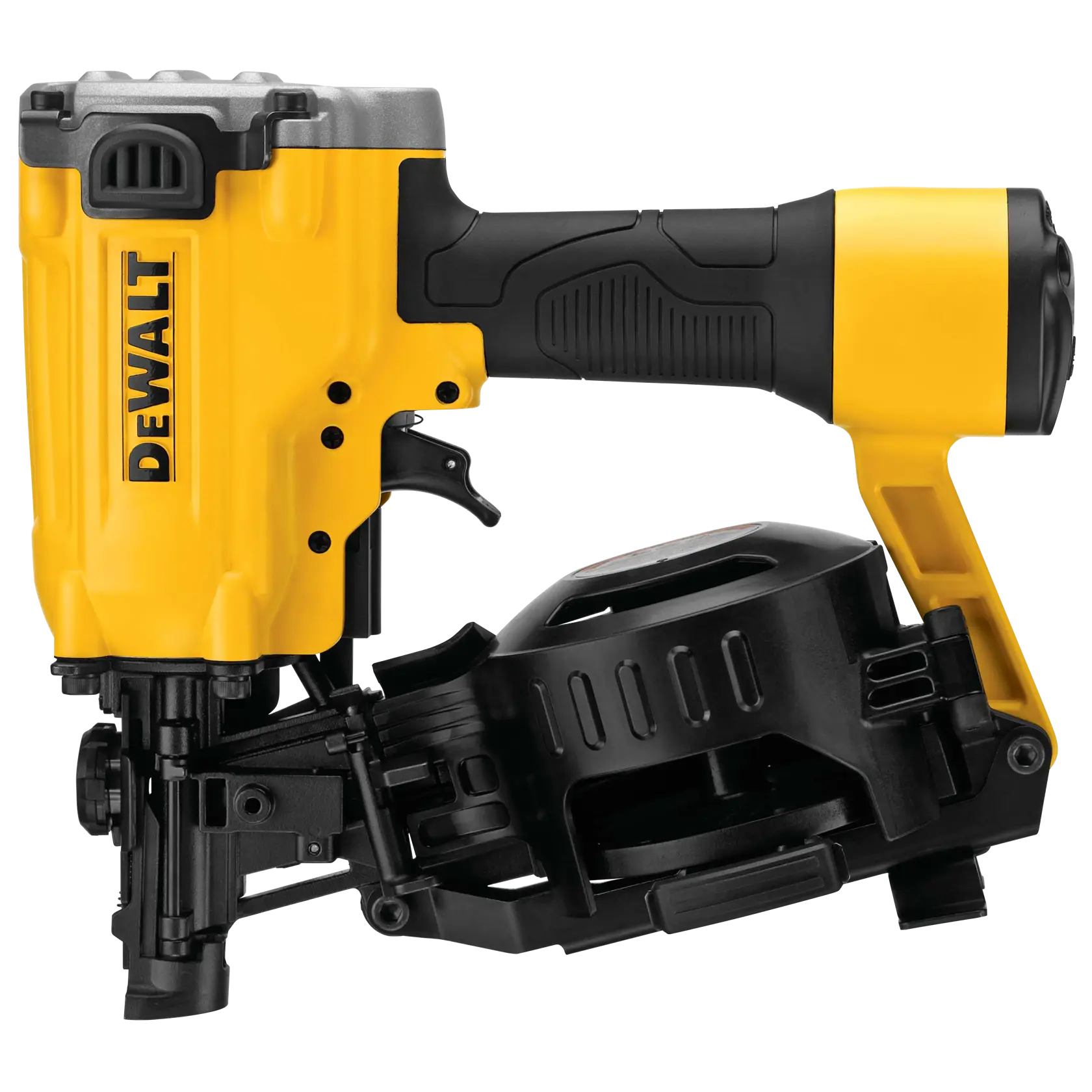 A close-up view of a DEWALT DW45RN roofing nailer. The tool features a bright yellow and black body, a sturdy ergonomic handle, and a round magazine for nails.