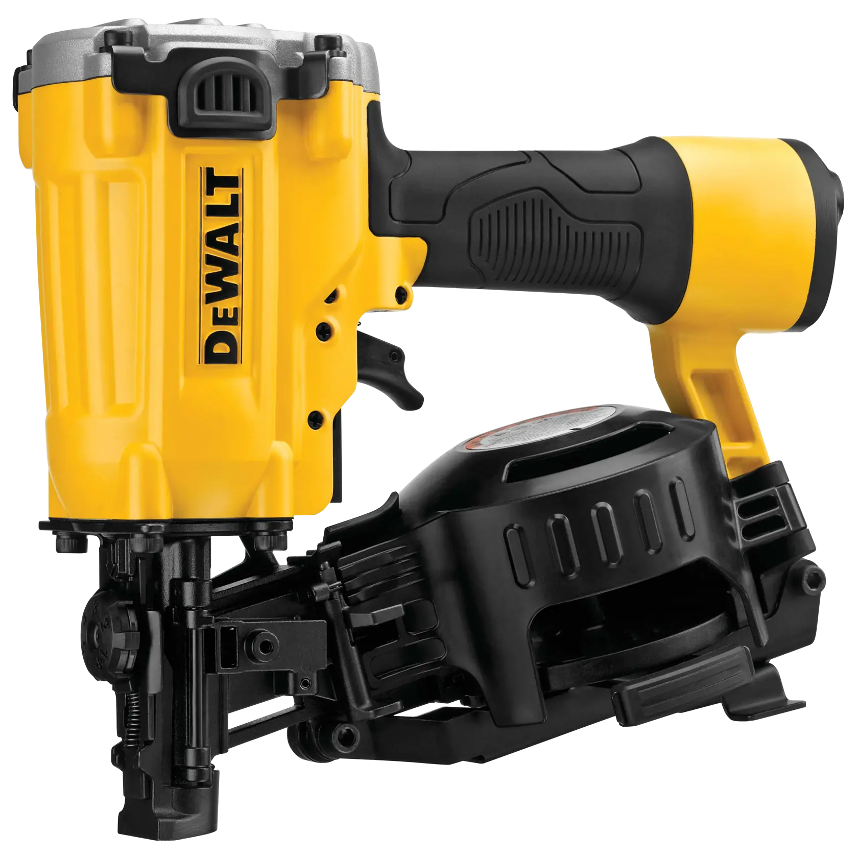 A DEWALT DW45RN roofing nailer, featuring a yellow and black body with ergonomic handle and coil nail magazine.