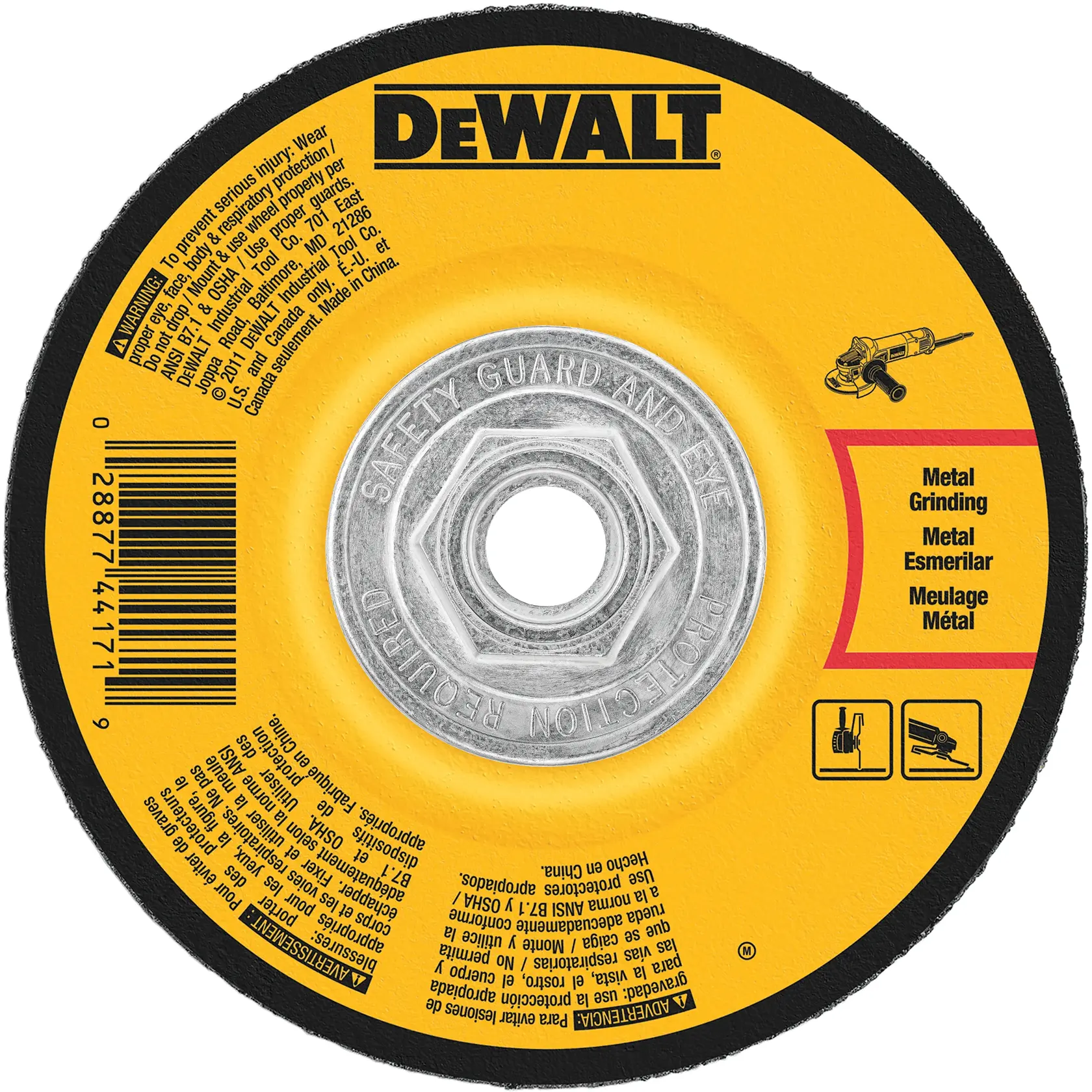 A DEWALT branded metal grinding wheel with a yellow and black design, showing safety warnings, barcode, and usage instructions. The center metal hub is visible, and the wheel is labeled for metal grinding use.