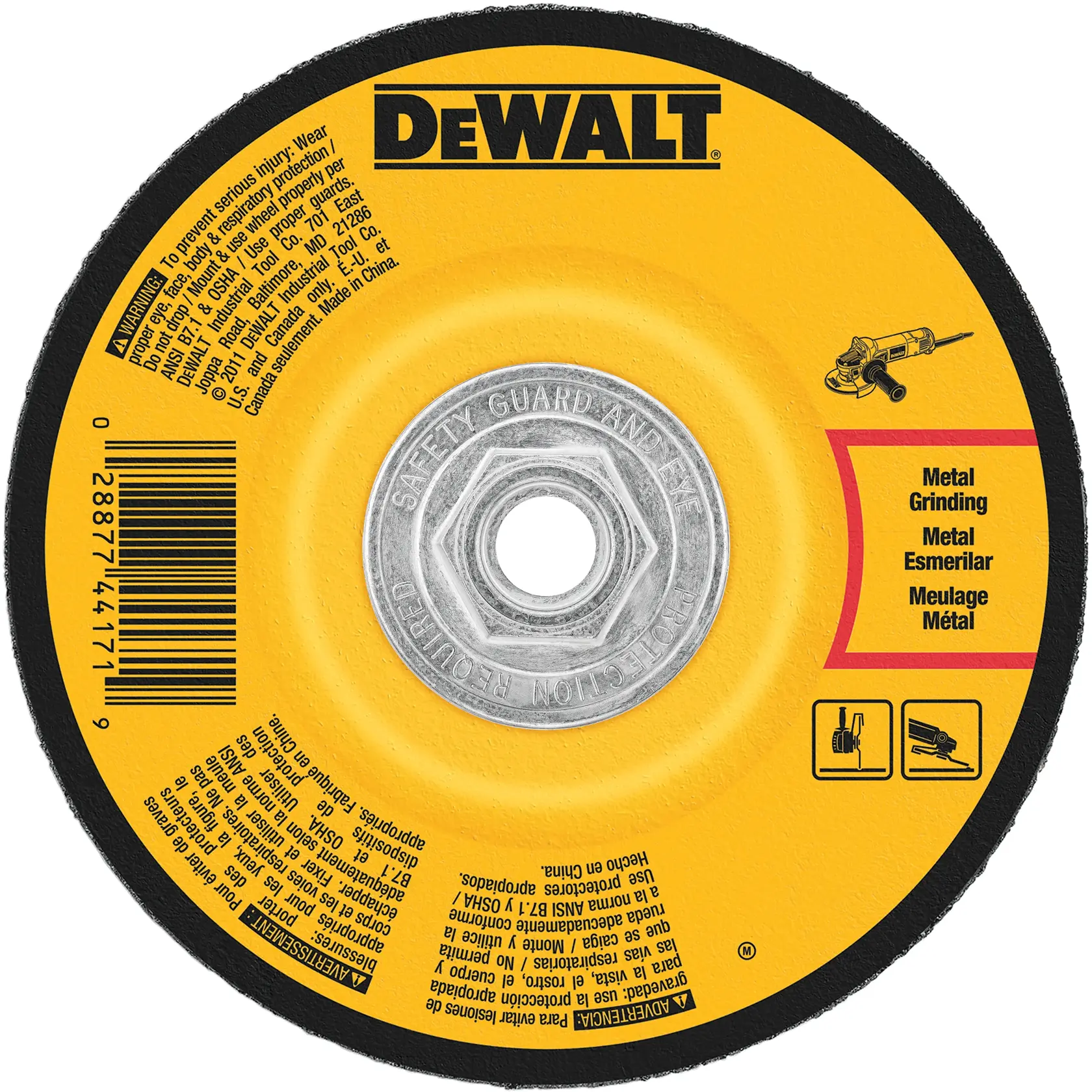 A DEWALT branded metal grinding wheel with yellow background, a silver center, product warnings, barcode, and usage instructions for metal grinding. The product highlights its use for metal grinding in multiple languages and includes safety icons.