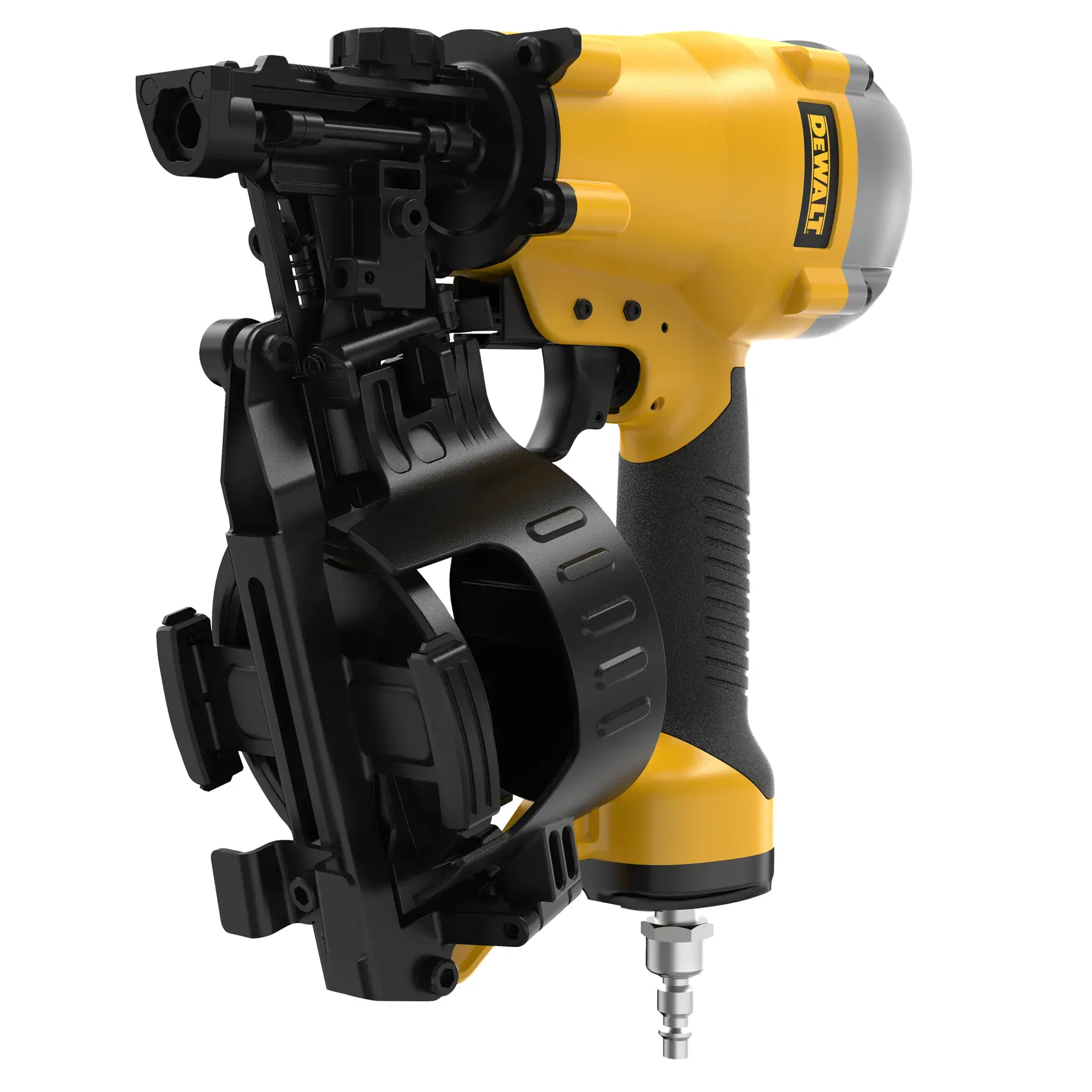 A close-up view of a DEWALT nail gun with a yellow and black design, featuring a coiled magazine and ergonomic handle.
