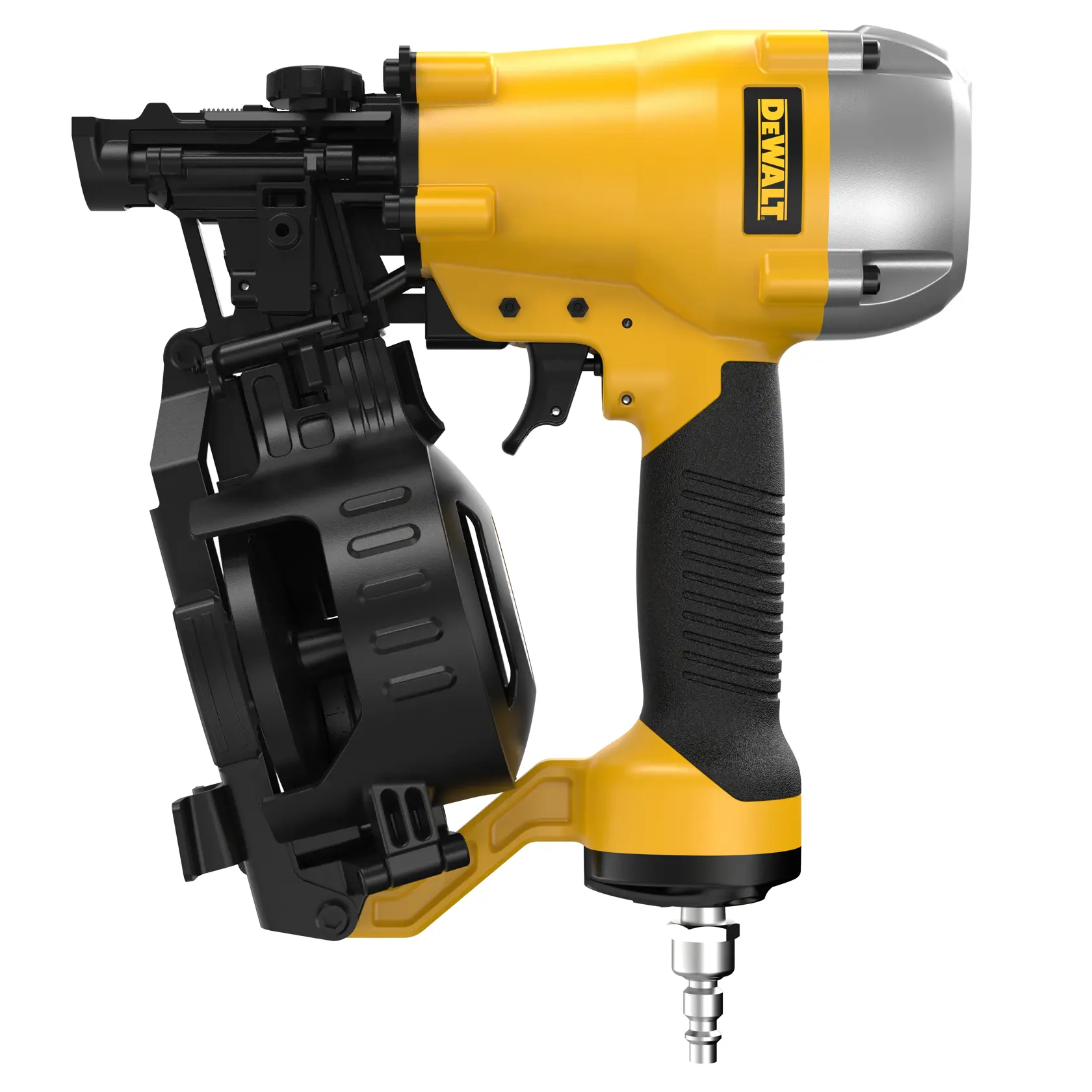A close-up view of a DEWALT pneumatic nail gun with a yellow and black design, featuring a coil magazine and ergonomic grip.