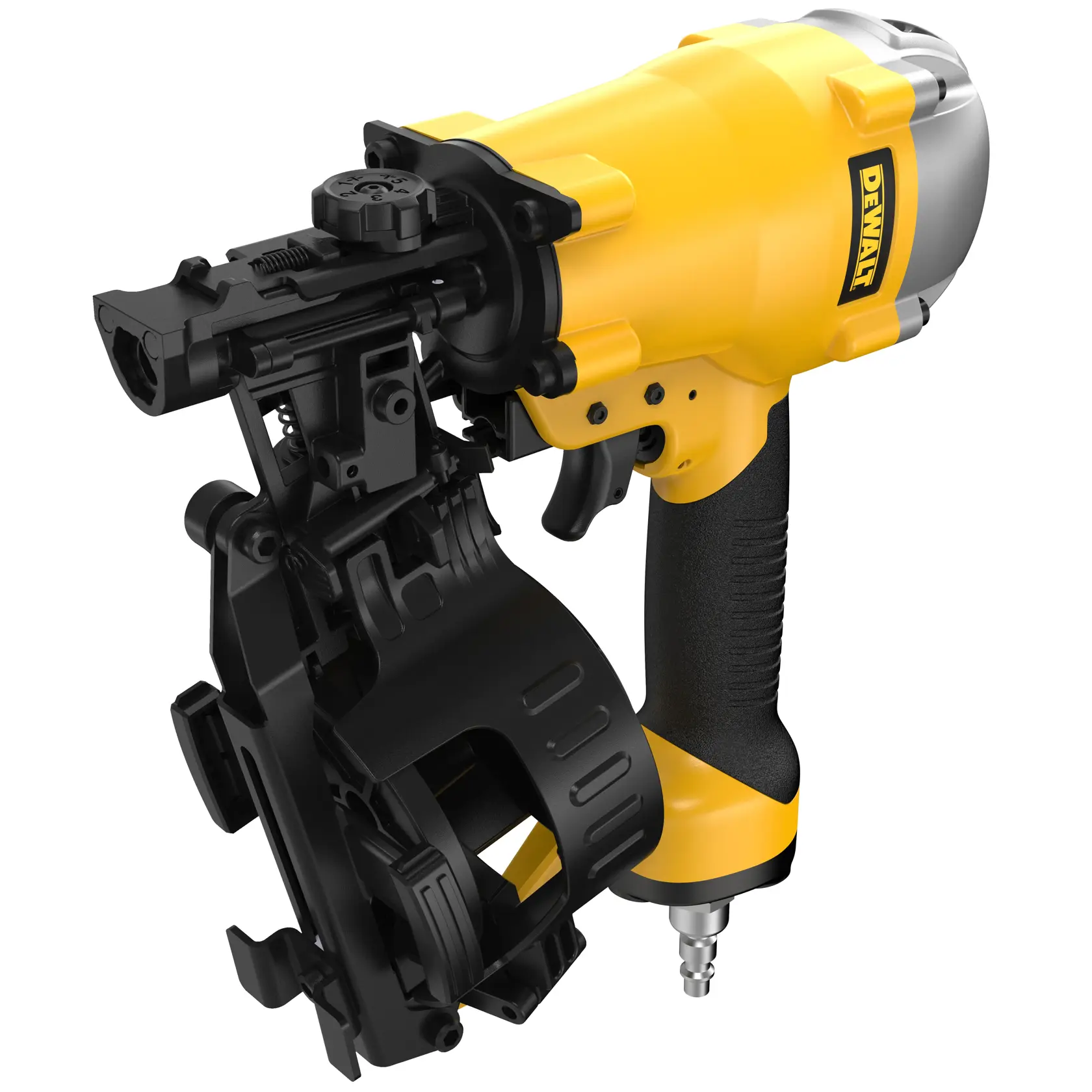 A close-up view of a DEWALT pneumatic roofing nailer, showing its yellow and black body, handle, and complex front mechanism.