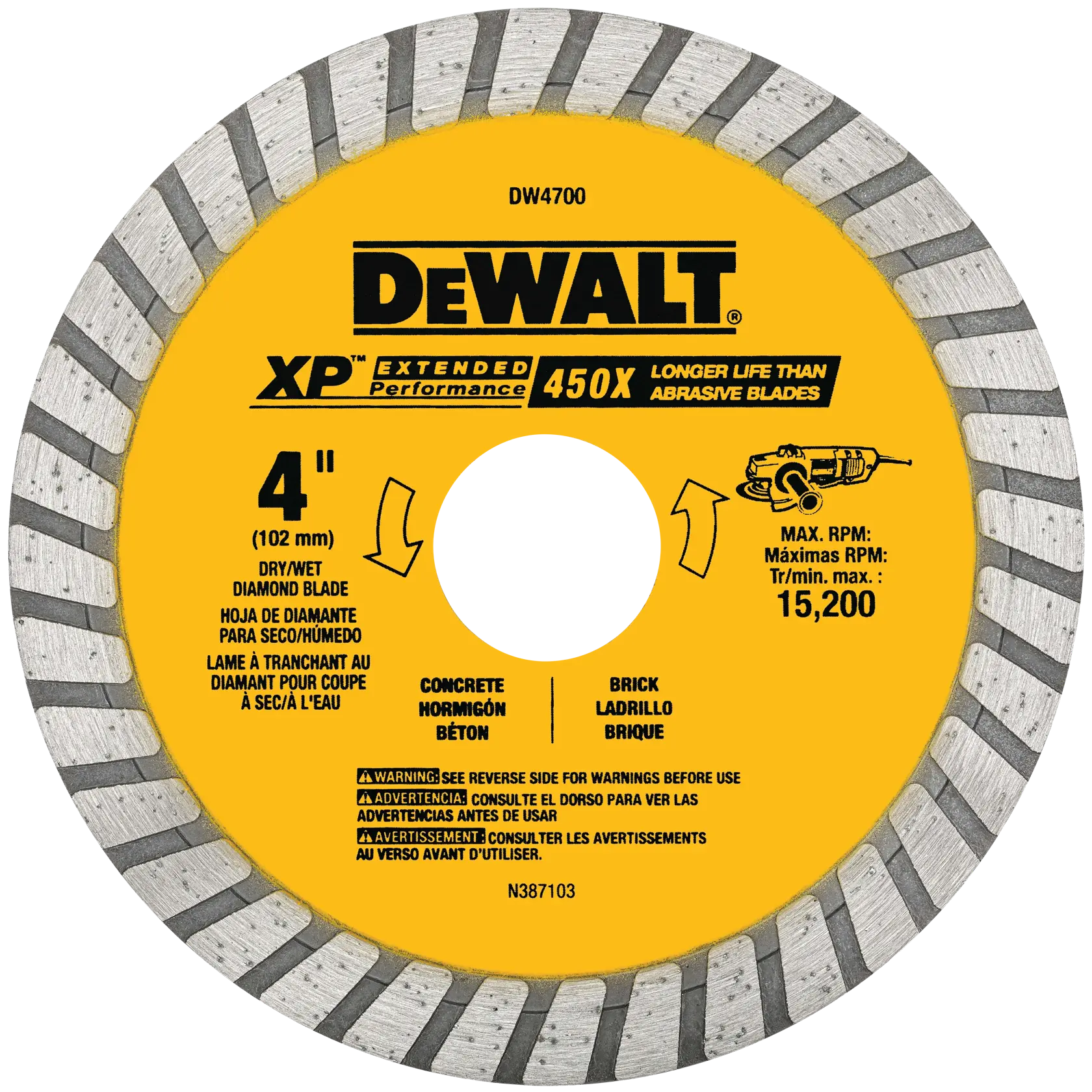 A DEWALT DW4700 4-inch XP Extended Performance diamond blade for dry and wet cutting, suitable for concrete and brick, with a yellow and silver design and maximum RPM of 15,200.