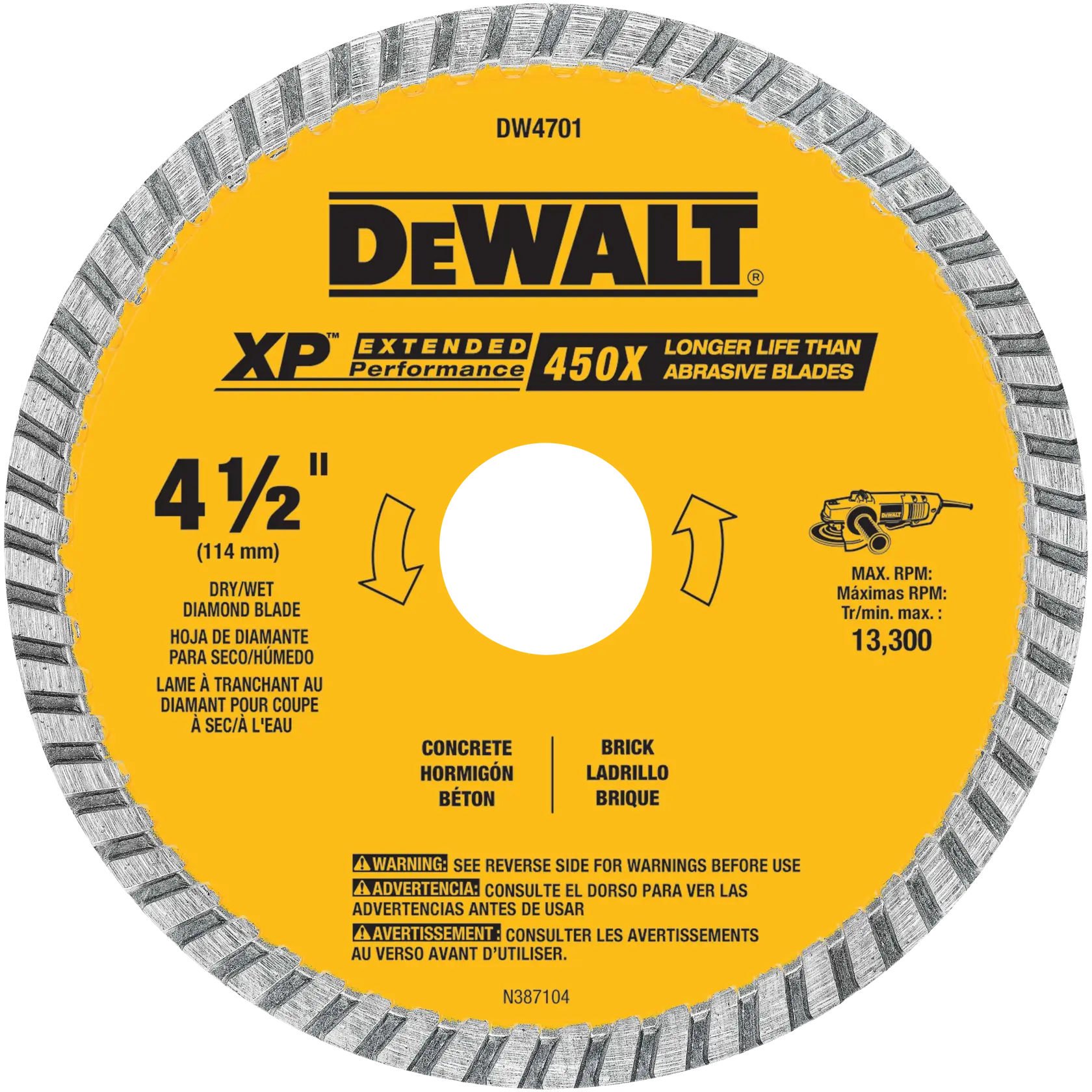 A DEWALT 4-1/2 inch (114 mm) dry/wet diamond blade, model DW4701, with a yellow label. The blade is designed for cutting concrete and brick. It features extended performance (XP) and claims a 450X longer life than abrasive blades. Maximum RPM is 13,300, and warnings are printed in English, Spanish, and French.