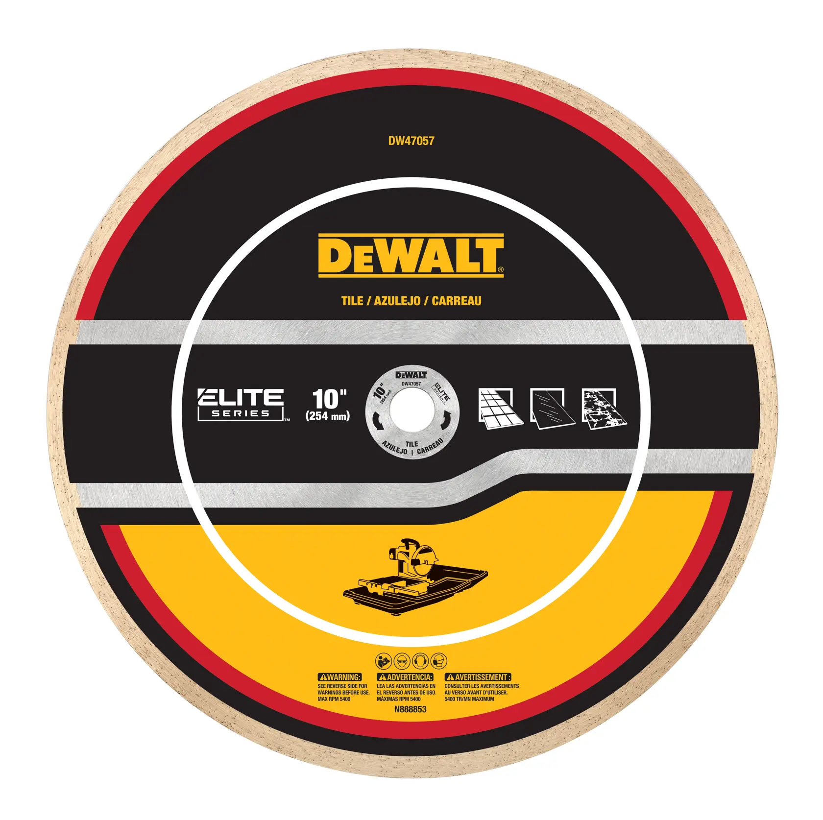 A DEWALT 10 inch (254 mm) Elite Series tile cutting blade with a black, yellow, and red design. The blade is labeled DW47057 and features icons indicating its use for cutting tile. The lower section shows a tile saw illustration and safety warnings.