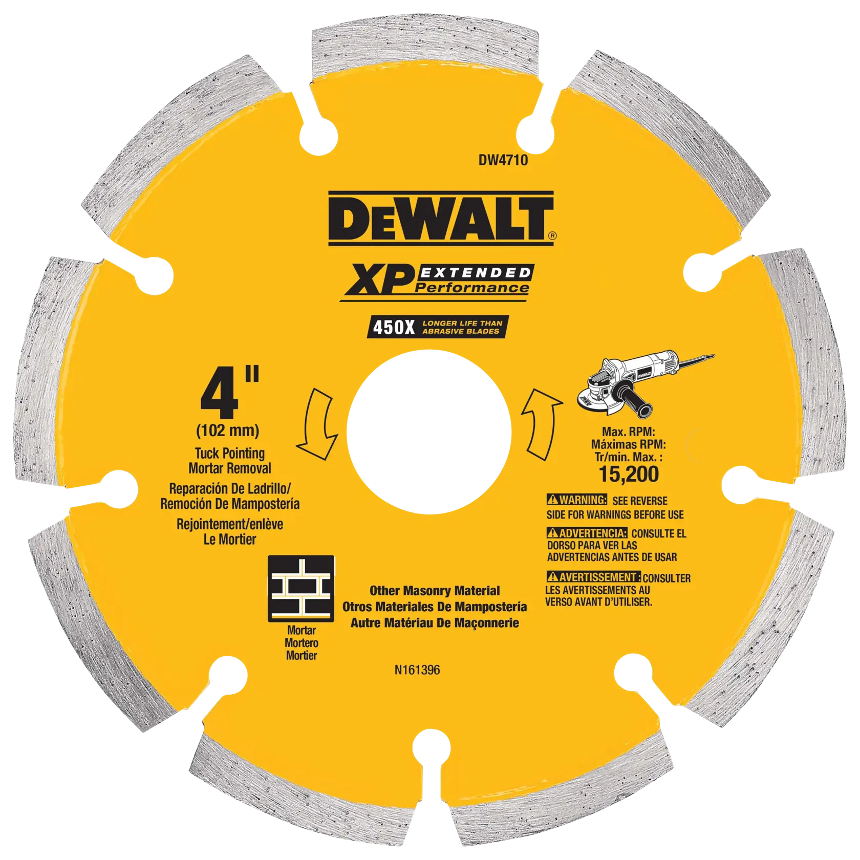 DEWALT XP Extended Performance 4-inch tuck pointing and mortar removal blade. The blade is yellow with silver cutting segments, labeled for masonry and mortar removal. It has a maximum RPM of 15,200 and is suitable for other masonry materials.