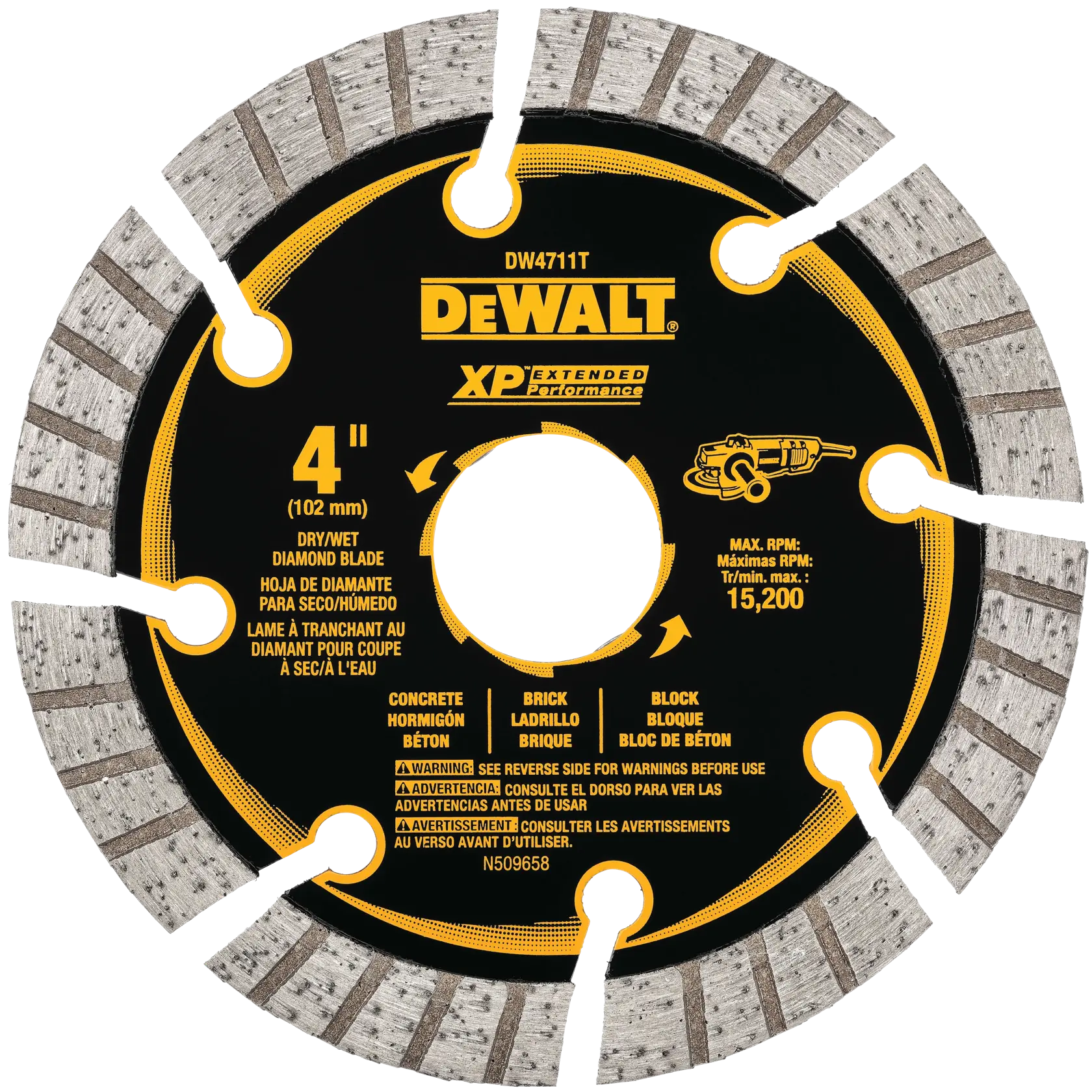 DEWALT DW4711T XP Extended Performance 4-inch diamond blade for dry or wet cutting, suitable for concrete, brick, and block materials. The blade is circular with segmented edges and has product information printed in English, Spanish, and French.