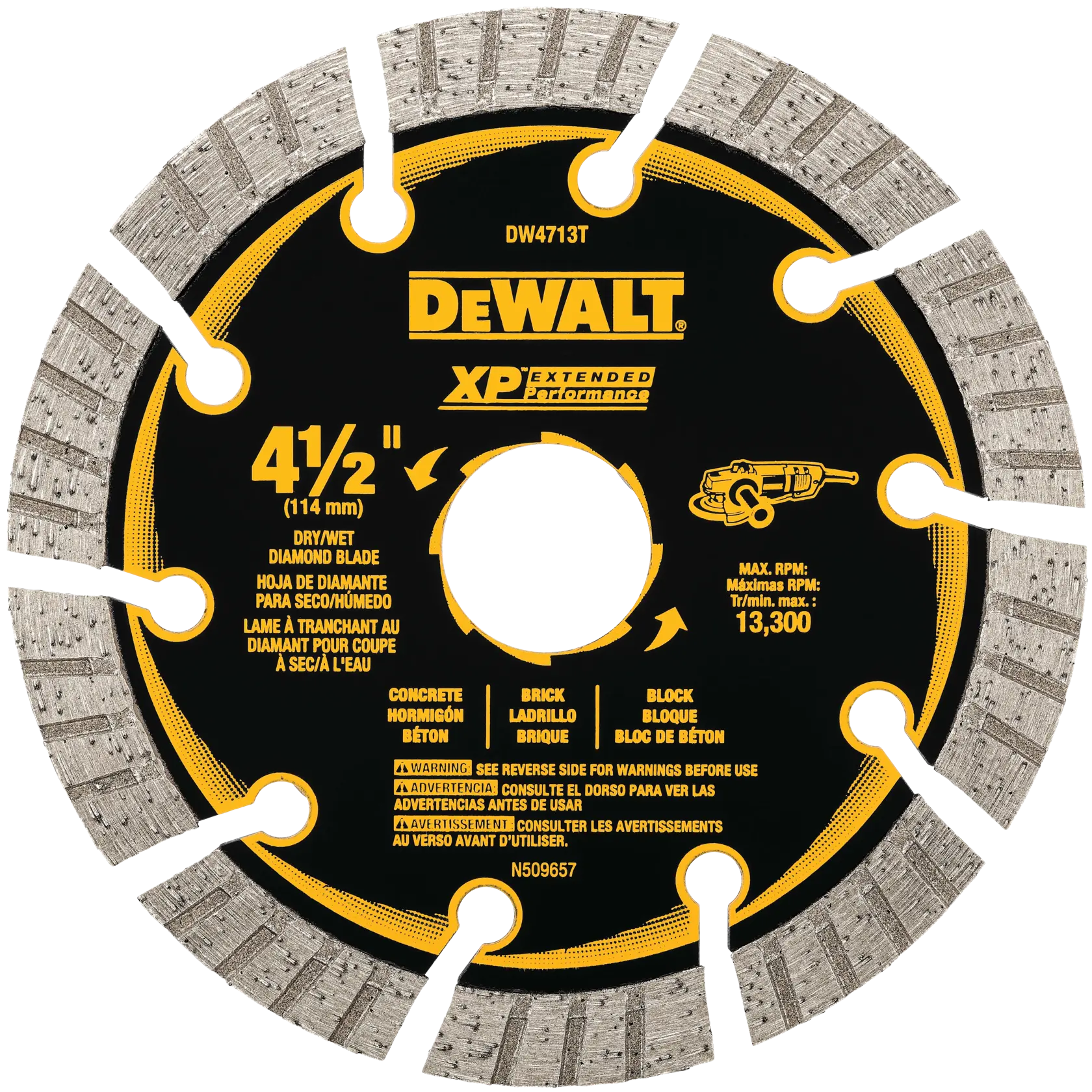 DEWALT XP Extended Performance dry/wet diamond blade, 4.5 inch (114 mm) size, model DW4713T, designed for cutting concrete, brick, and block. The blade is black with yellow accents and segmented edges, displaying product information and safety warnings.