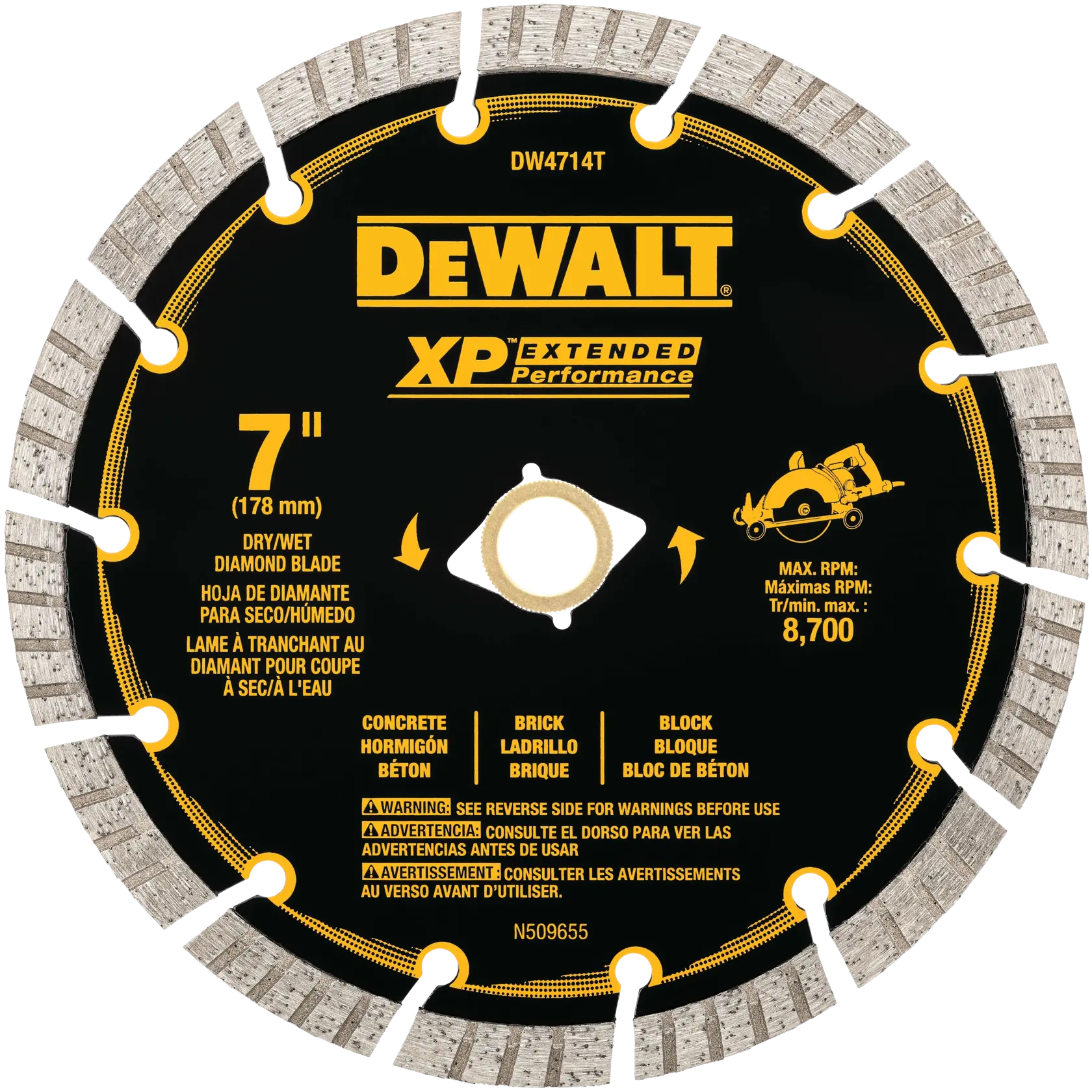 A circular DEWALT XP Extended Performance 7-inch diamond blade for dry or wet cutting, designed for use with concrete, brick, and block materials. The blade is black with yellow text and graphics, and indicates a maximum RPM of 8,700.