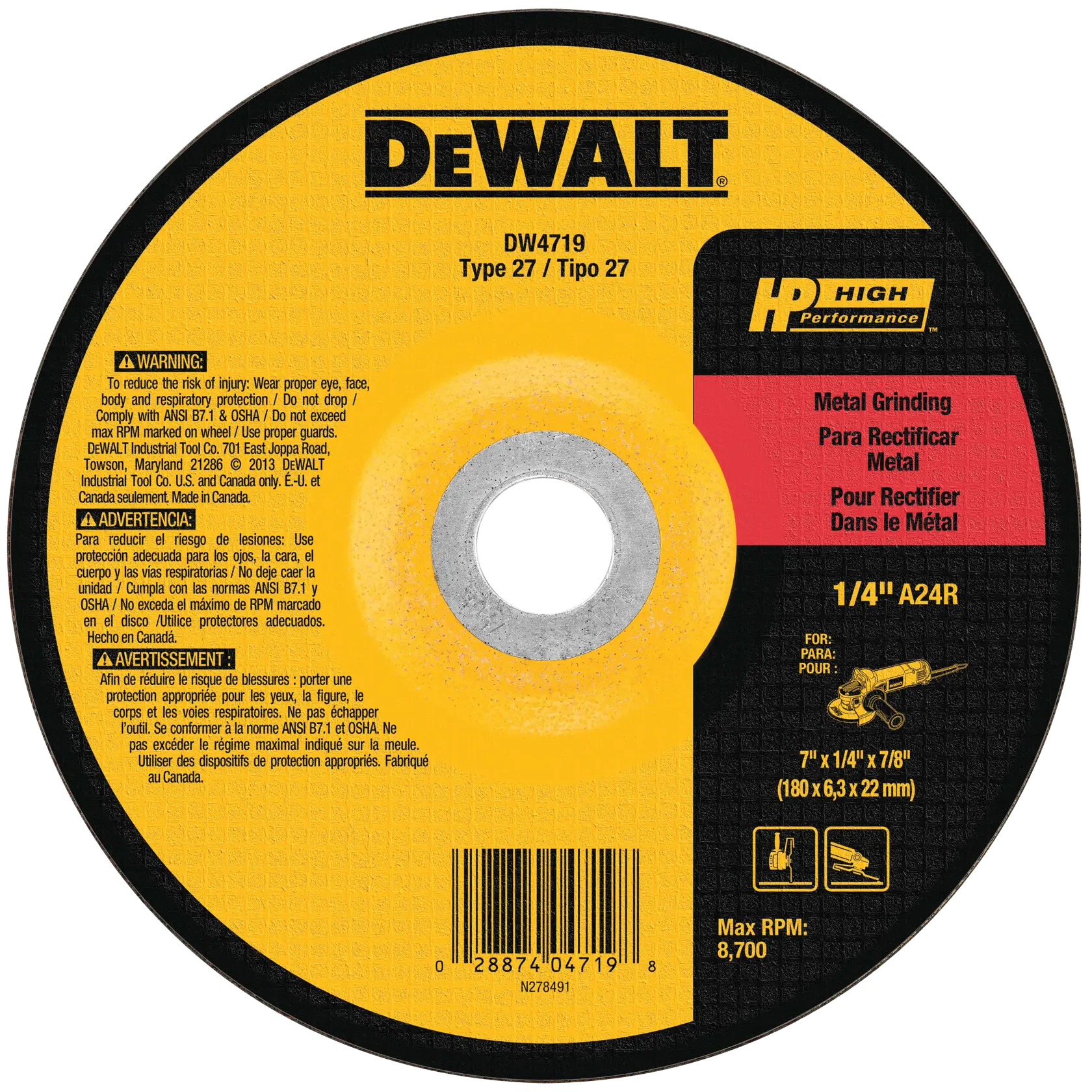 A round DEWALT DW4719 high performance metal grinding wheel with a yellow and black label. The wheel is labeled as Type 27 and is designed for metal grinding. It measures 7 inches by 1/4 inch by 7/8 inch (180 x 6.3 x 22 mm), with a maximum RPM of 8,700. Safety warnings and usage instructions are printed on the label in English, Spanish, and French.